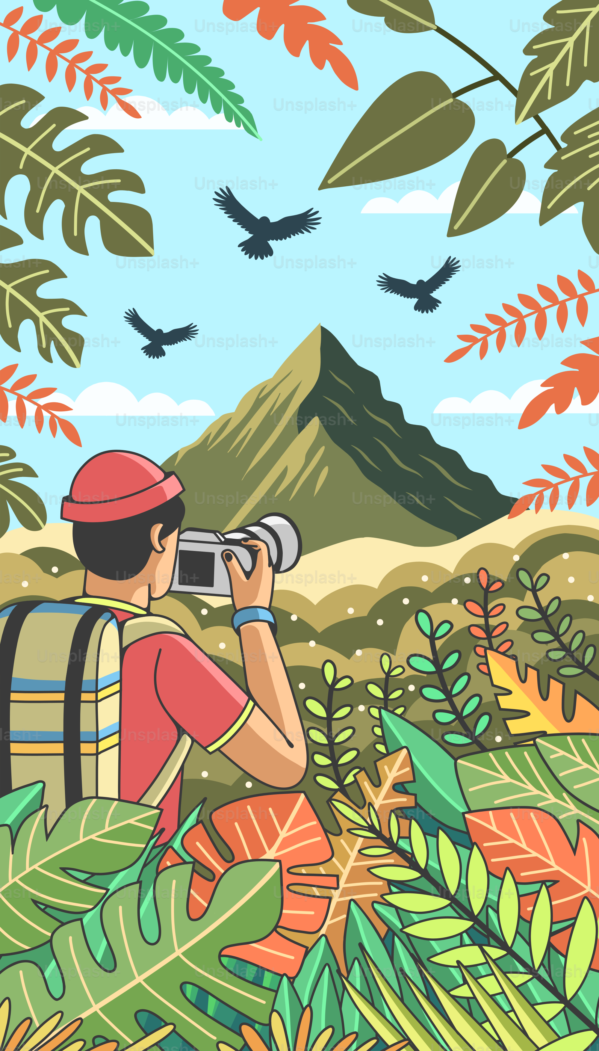 Ein Mann, der mit einer Kamera ein Foto von einem Berg macht.