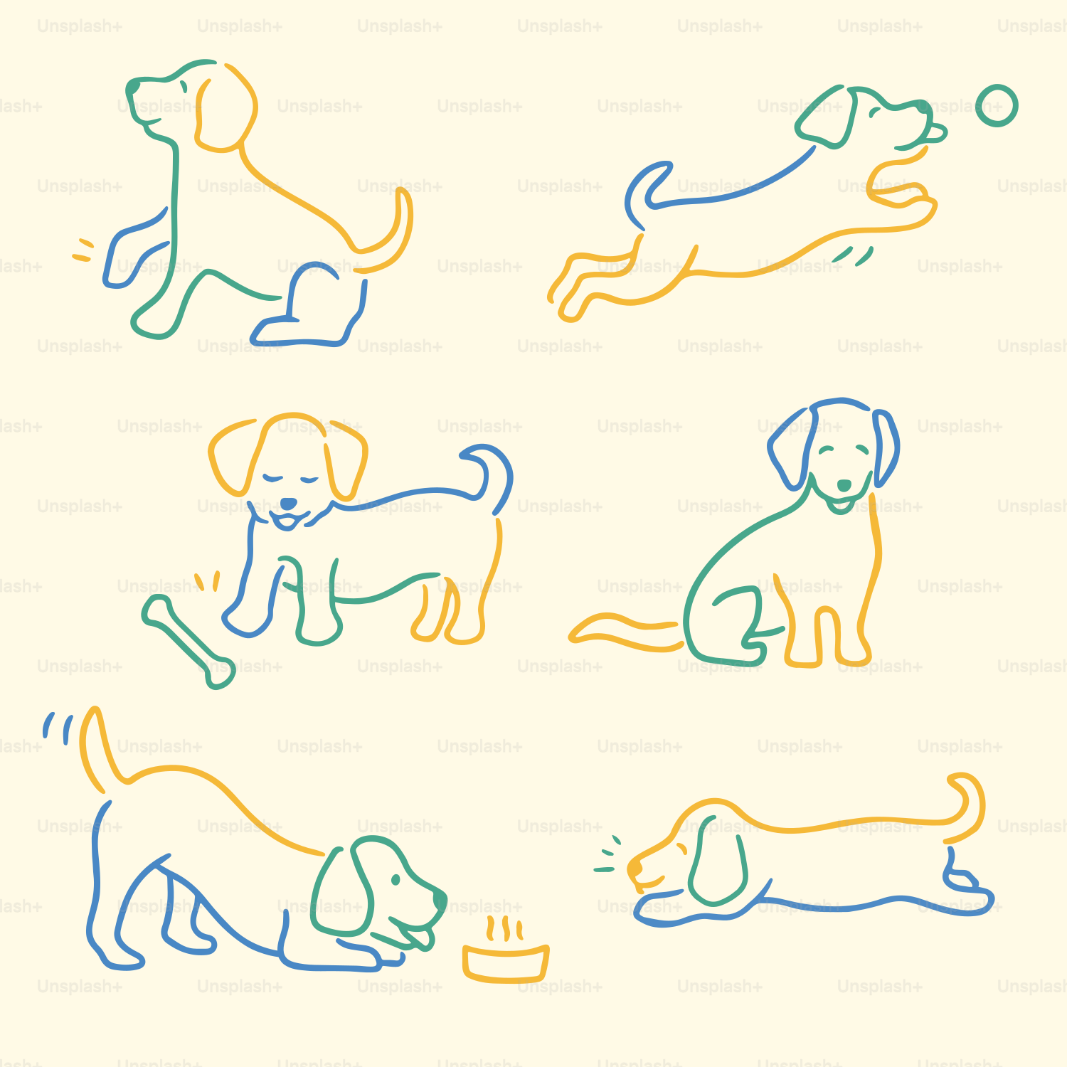 A drawing of a group of dogs with different colors