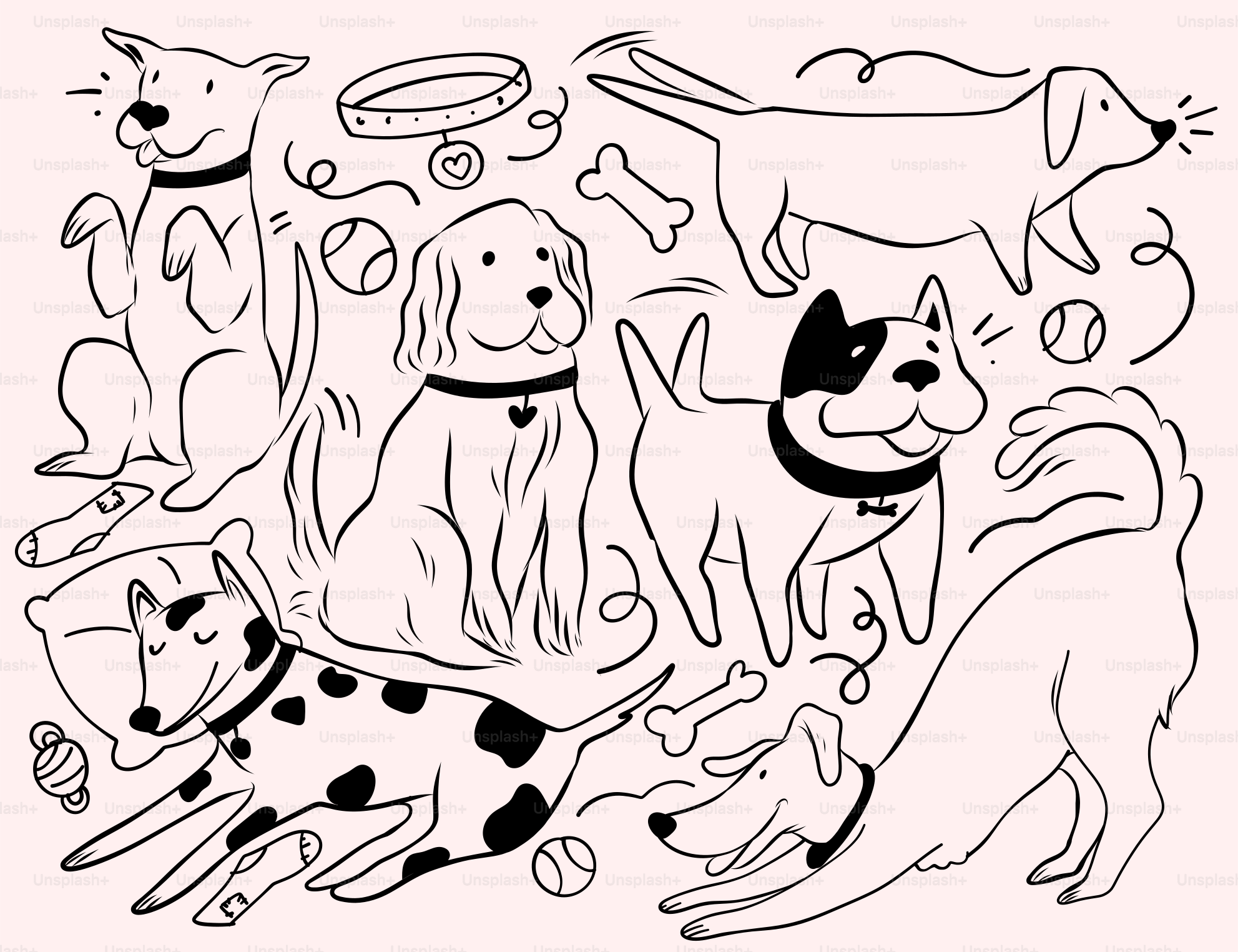 A black and white drawing of dogs and cats