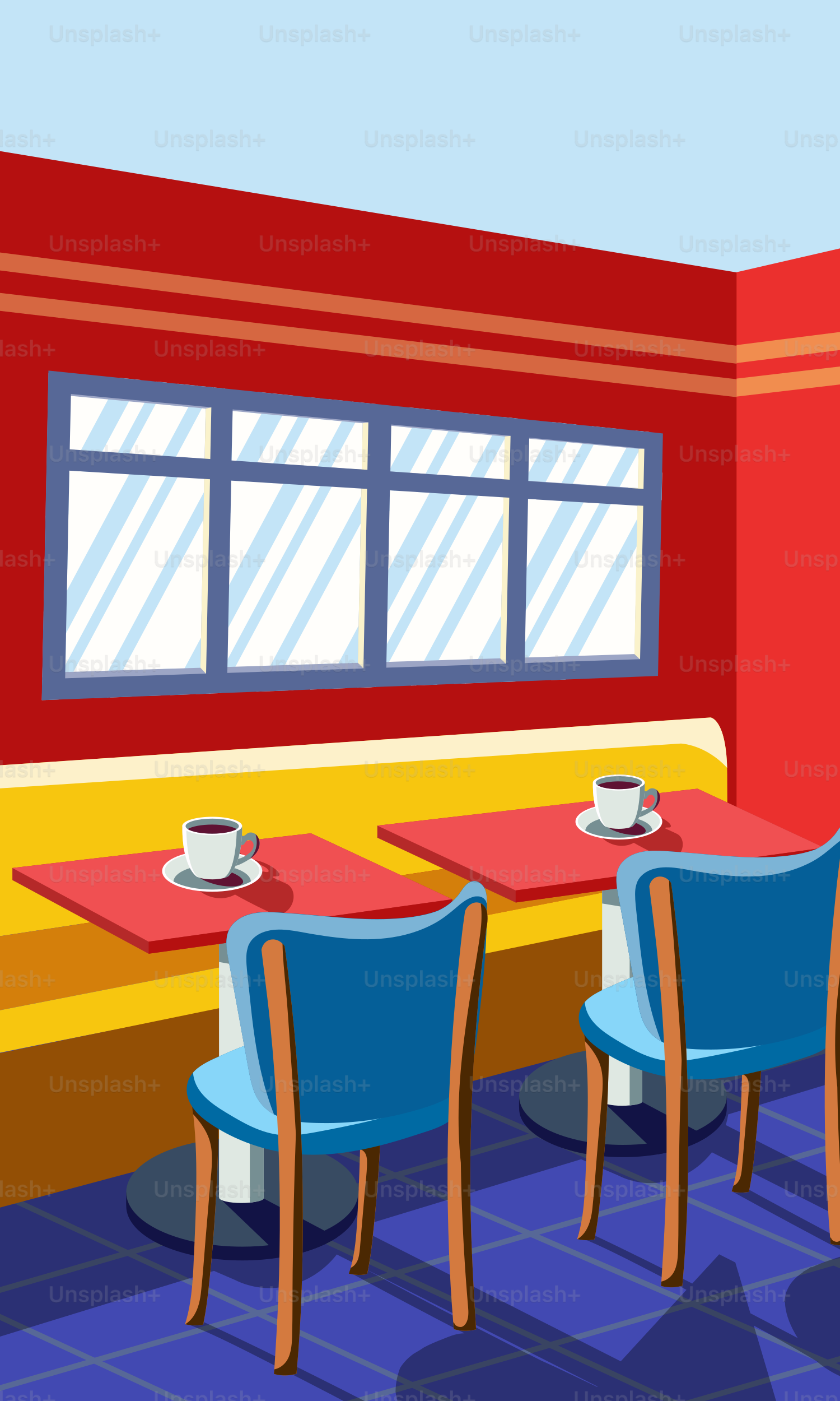 A restaurant with tables and chairs and a red wall