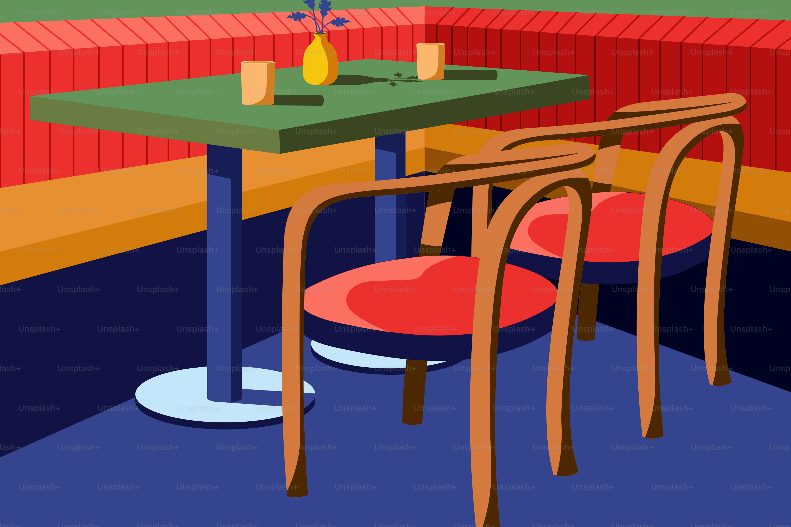 A drawing of a table and chairs in a restaurant