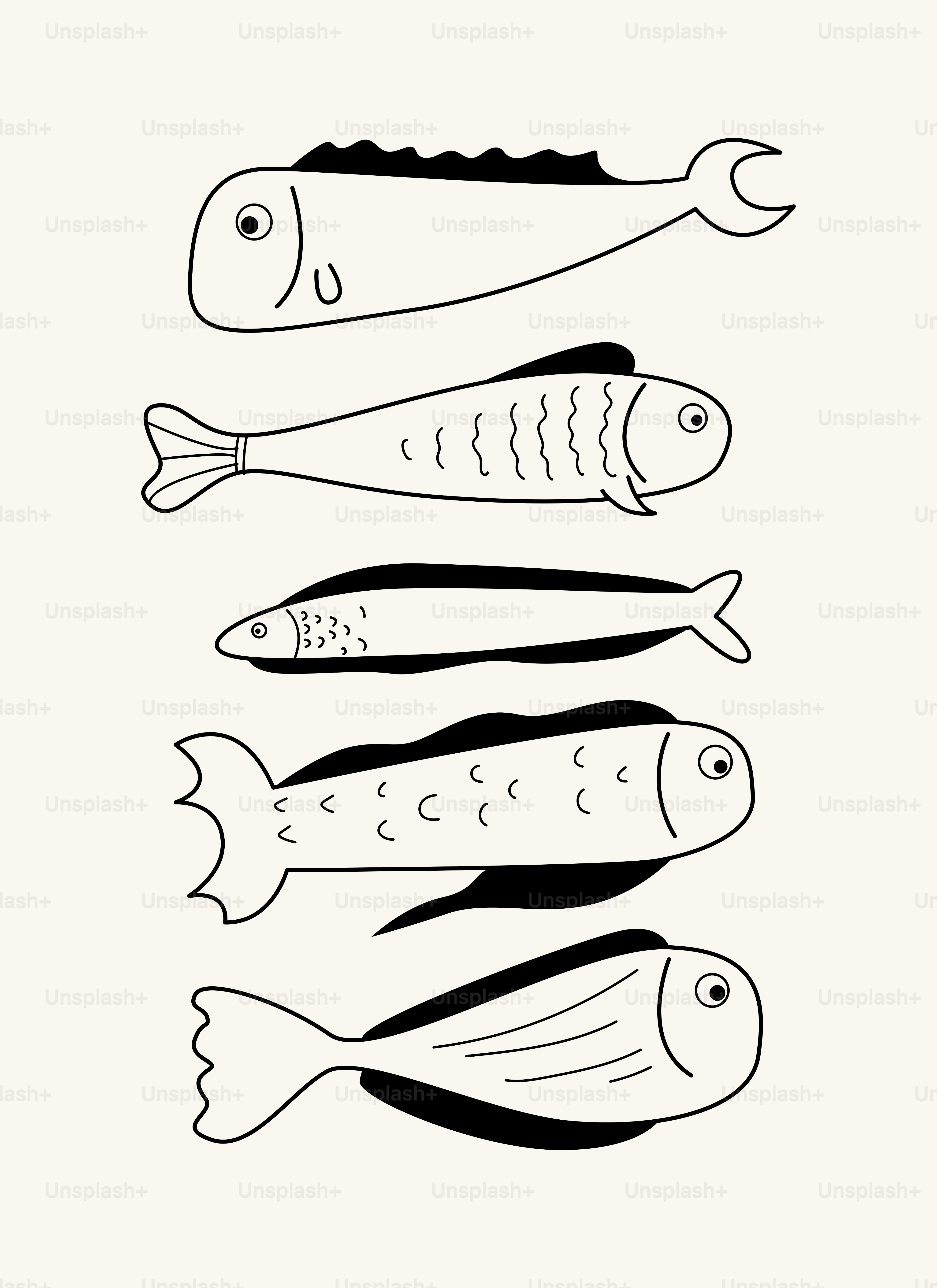 Um desenho preto e branco de peixes sobre fundo branco