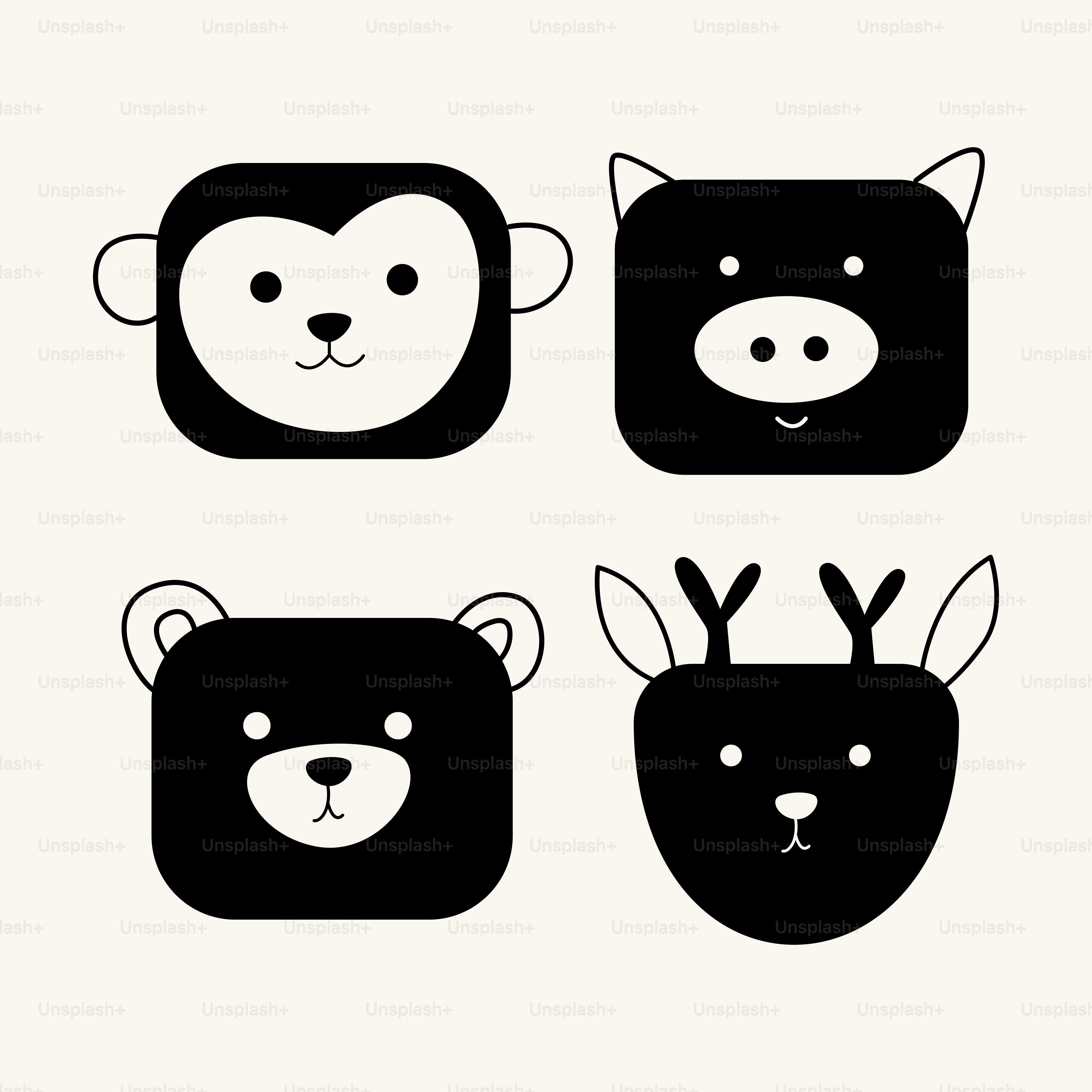 Um conjunto de quatro animais preto e branco