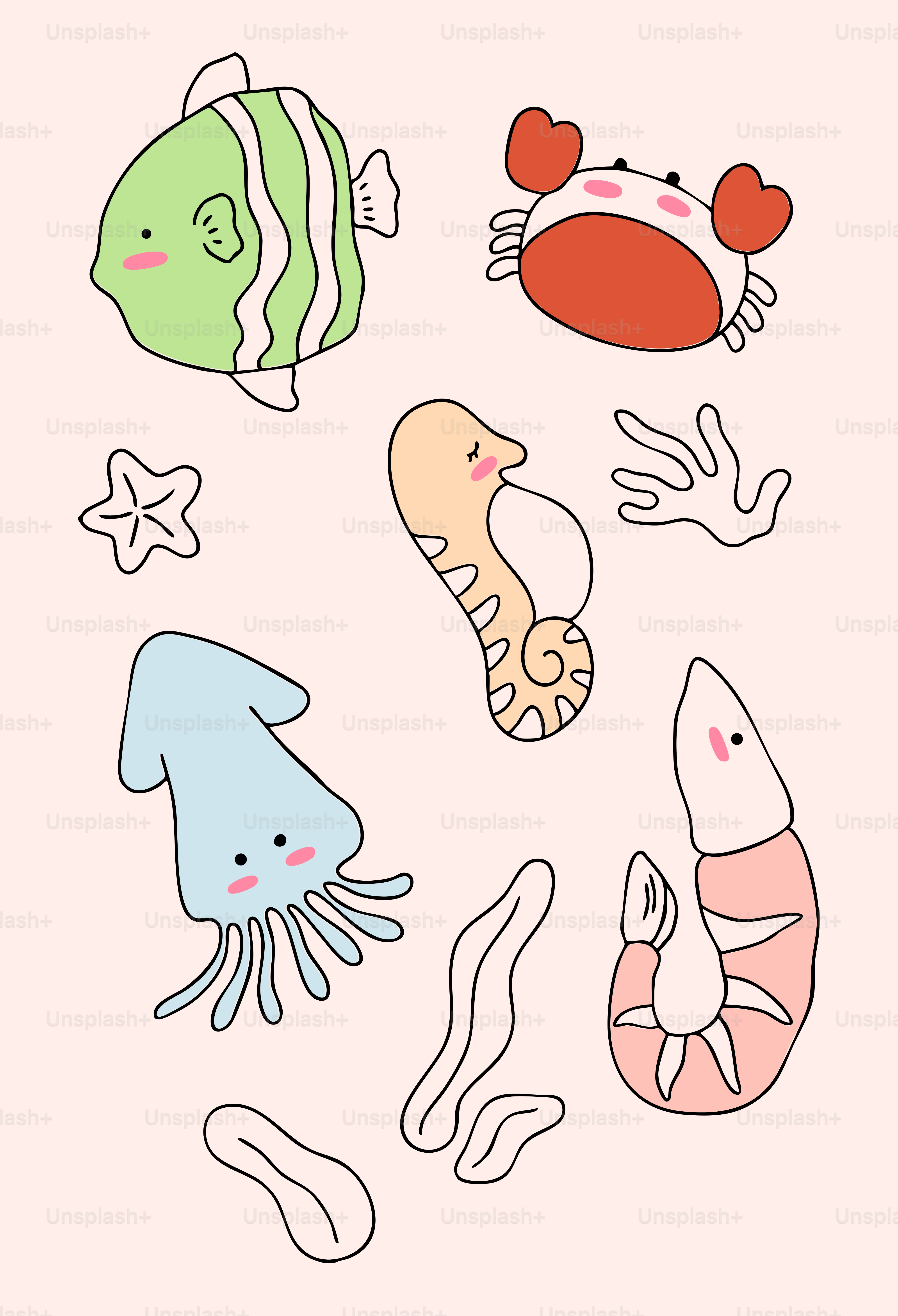 A group of sea animals on a pink background