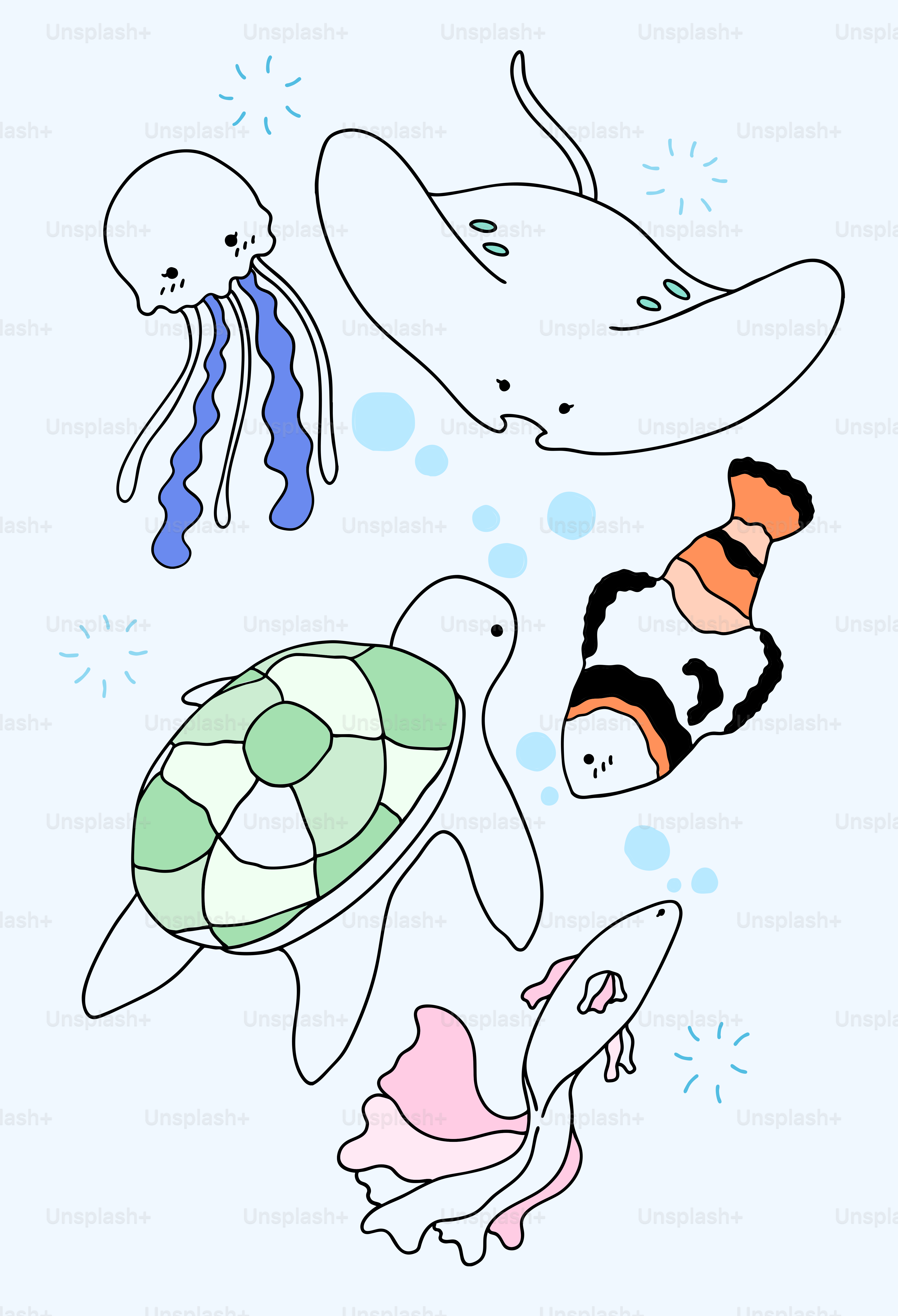 A group of sea animals floating in the water