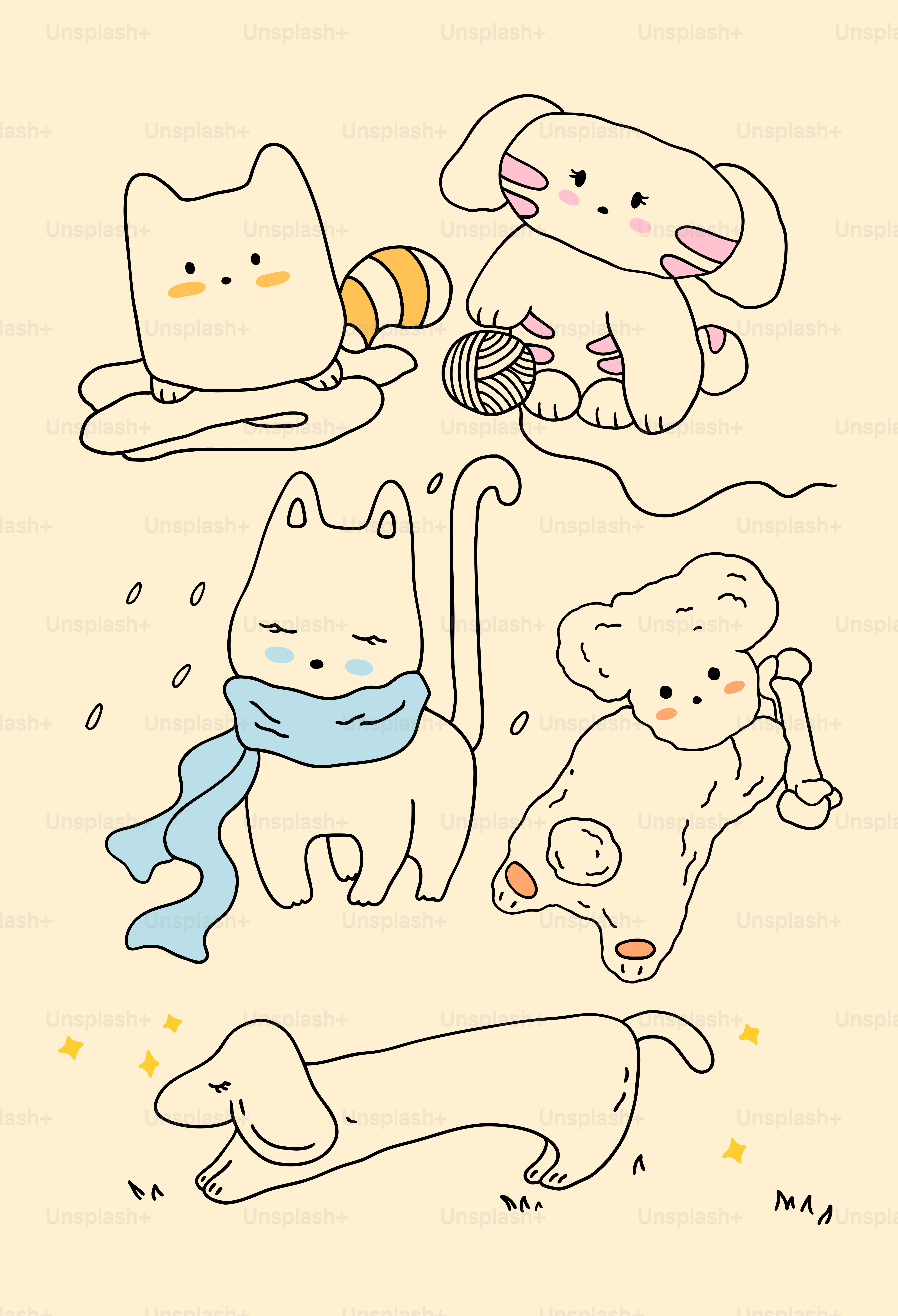 Un dessin de chats et de chiens avec une pelote de laine