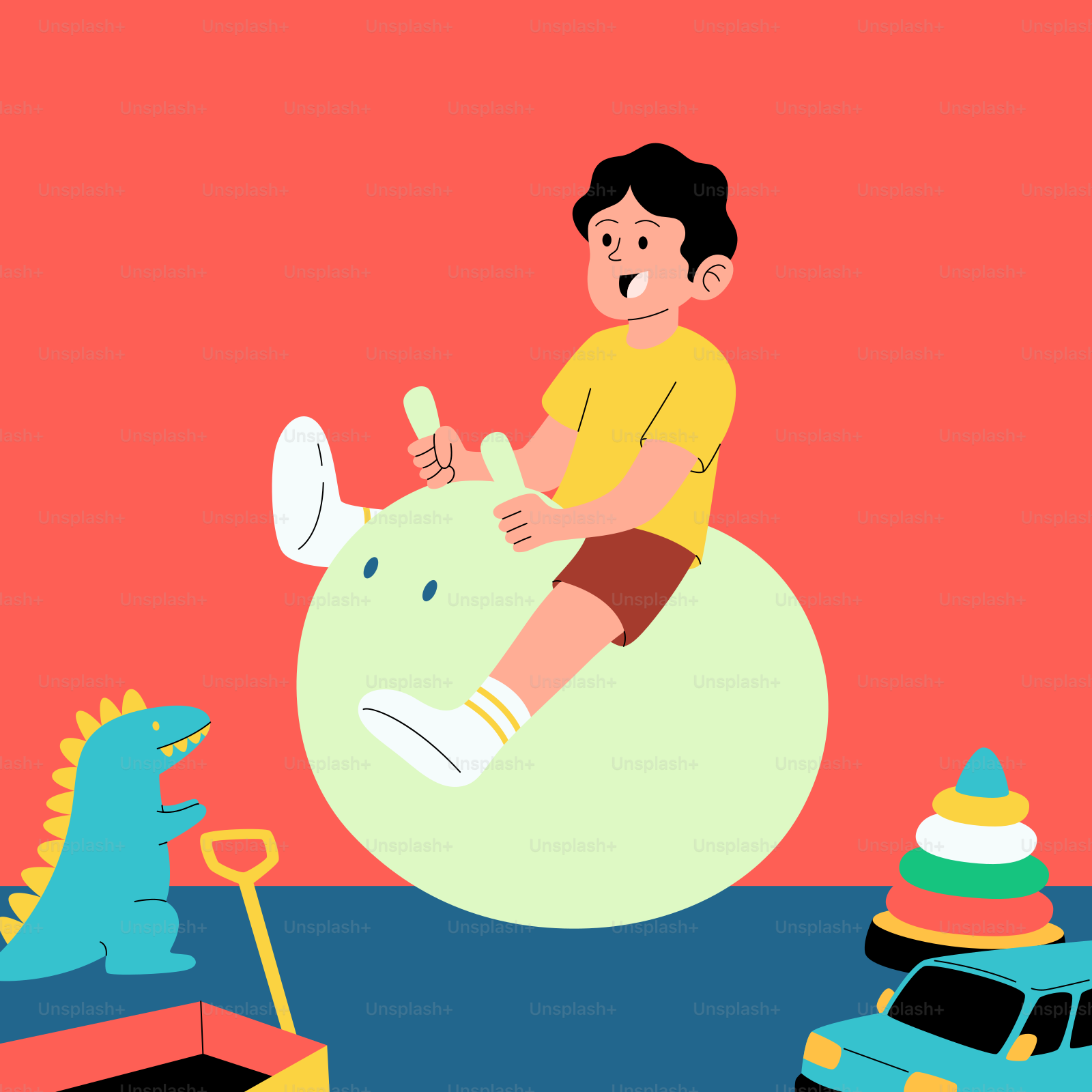 A boy riding a ball with a dinosaur on it