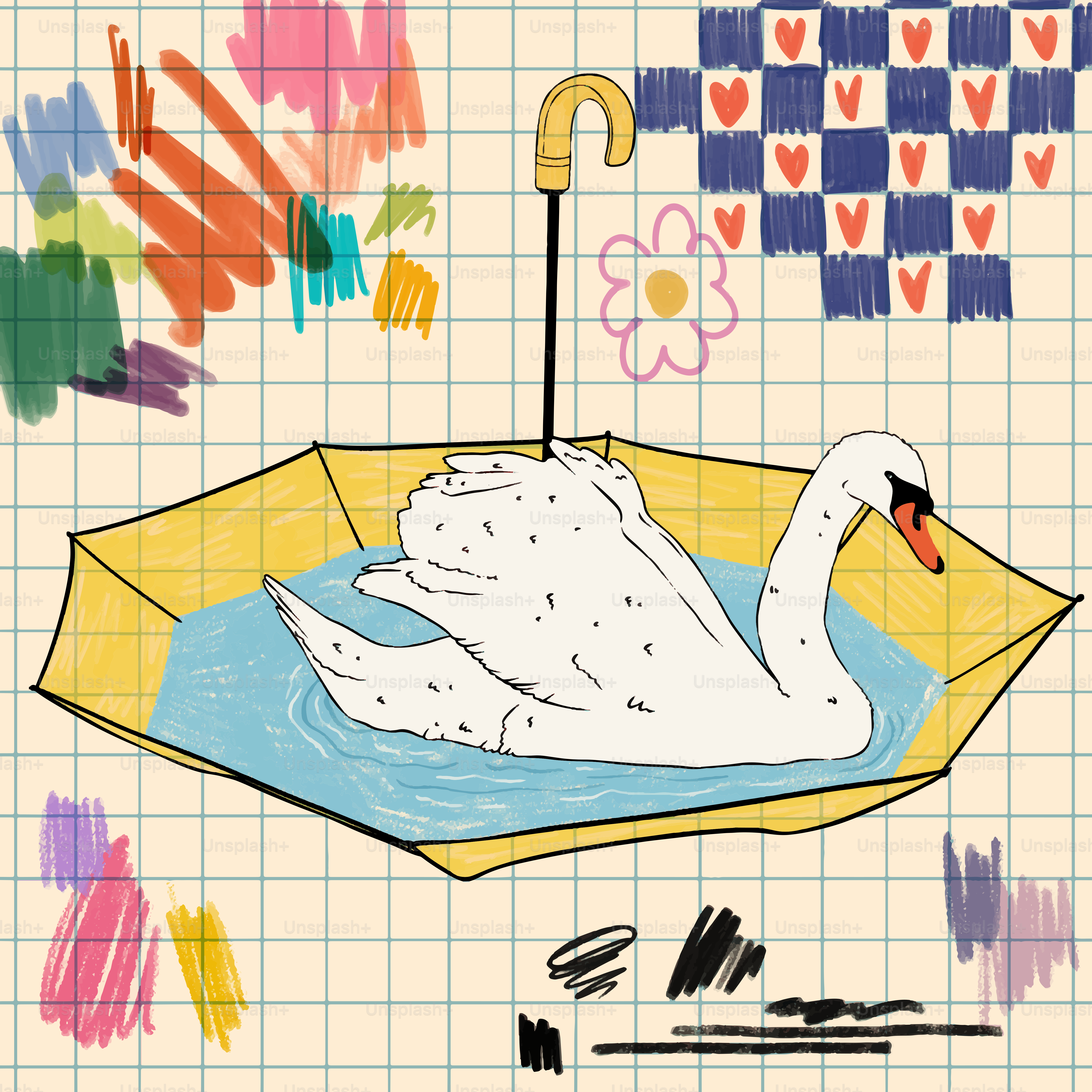 Dessin d’un cygne dans un bateau en papier