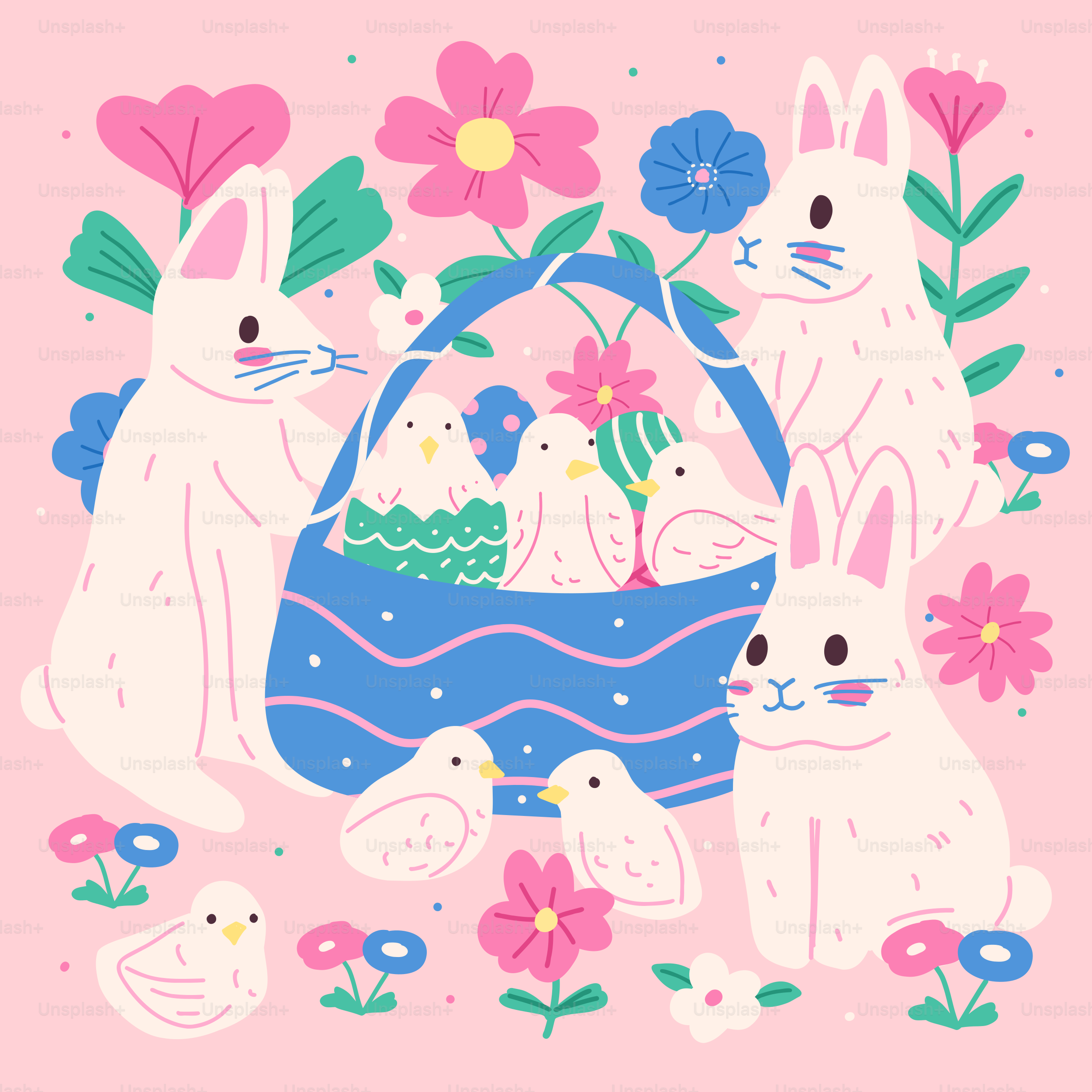 A pink background with rabbits and flowers vector – Wallpaper Image on ...