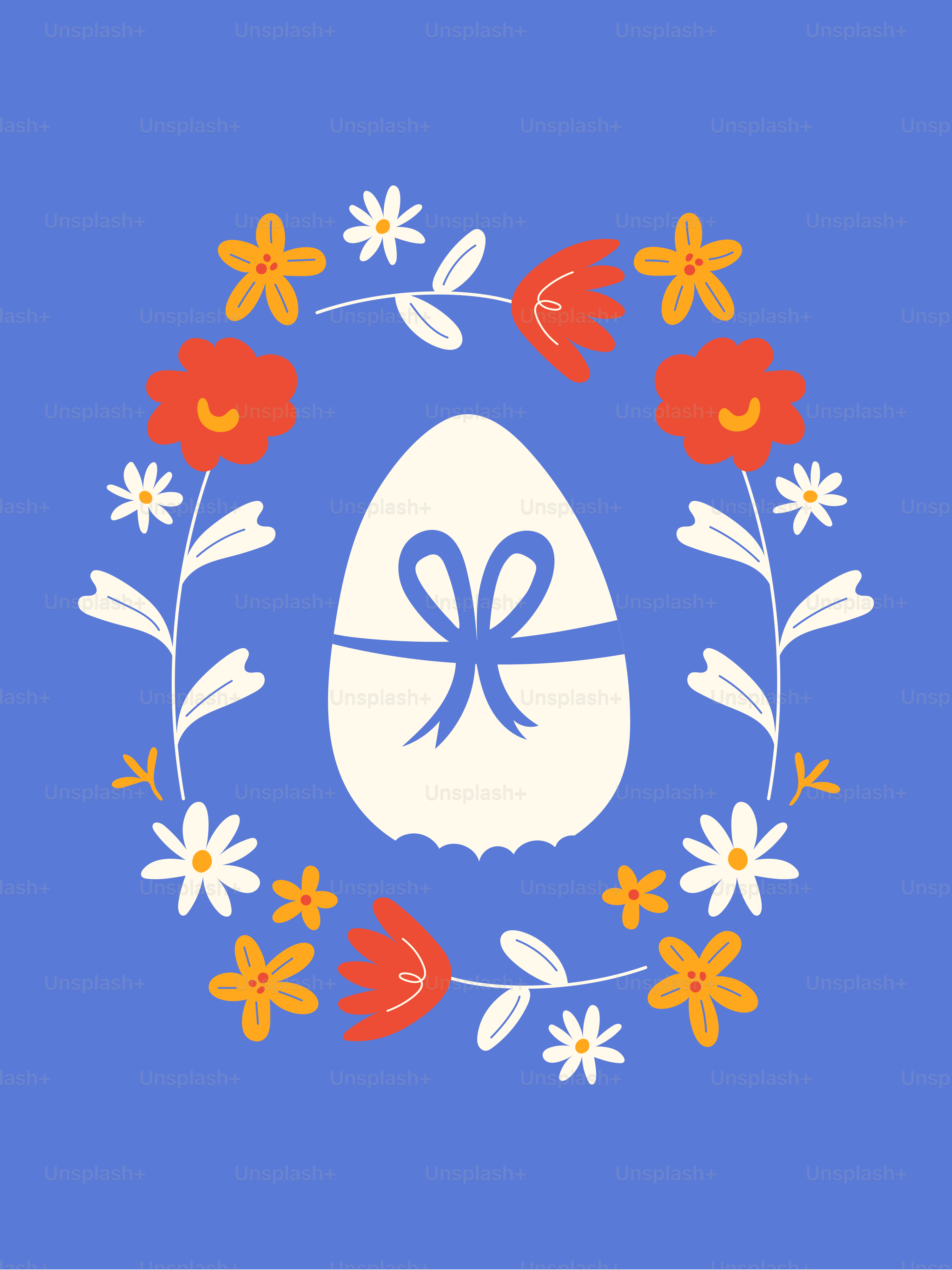 Un œuf avec un nœud dans une couronne de fleurs sur fond bleu