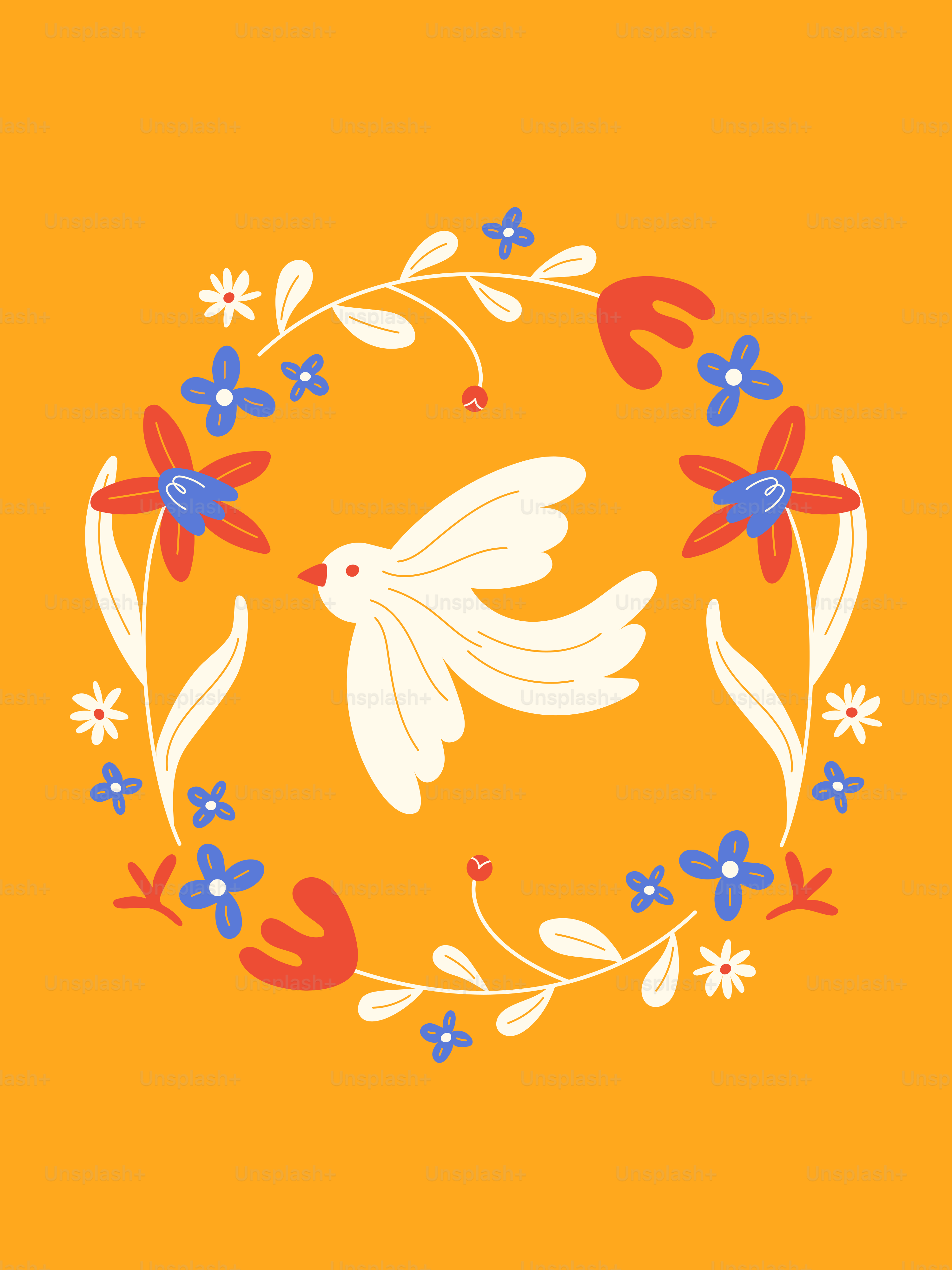 A yellow background with a white dove and blue flowers