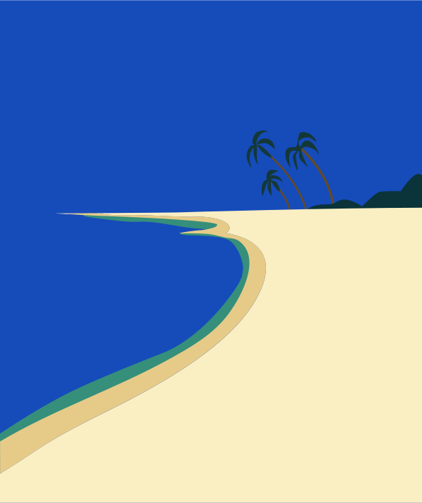 A painting of a beach with palm trees