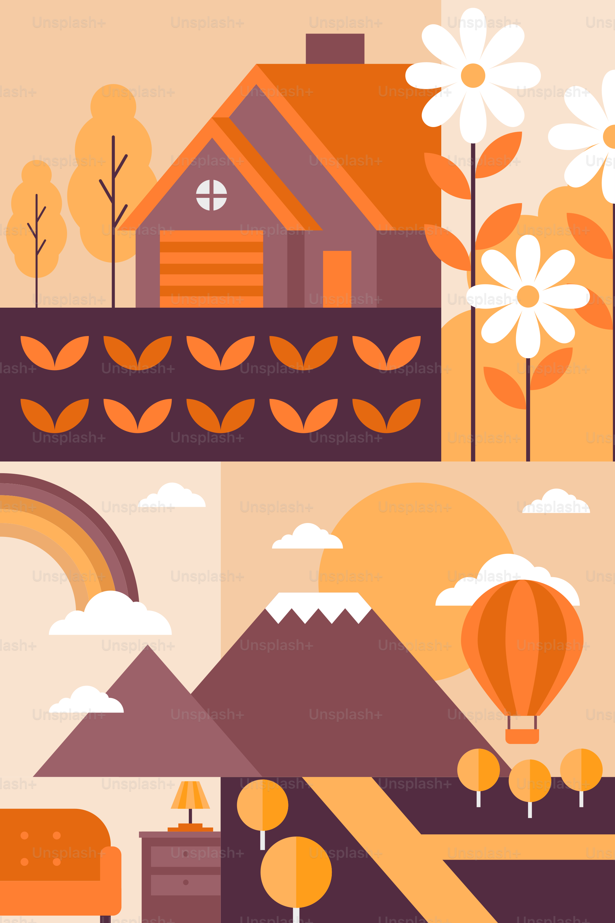 Uma ilustração colorida de uma casa com um arco-íris ao fundo