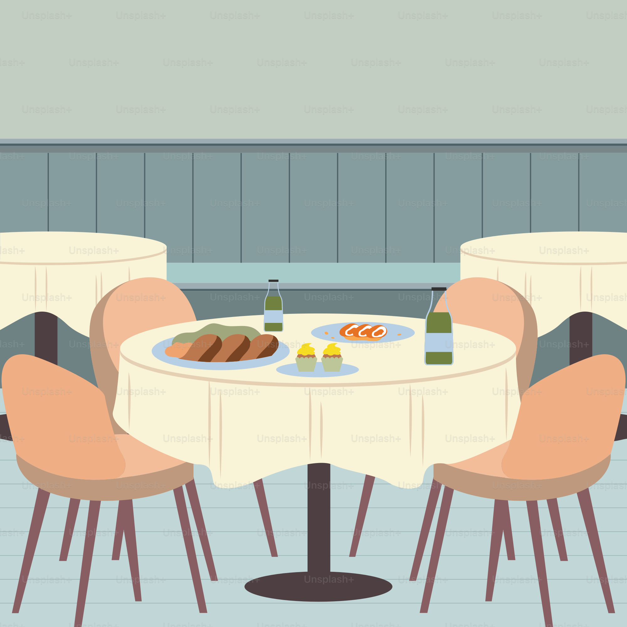 A table with a plate of food and a bottle of wine