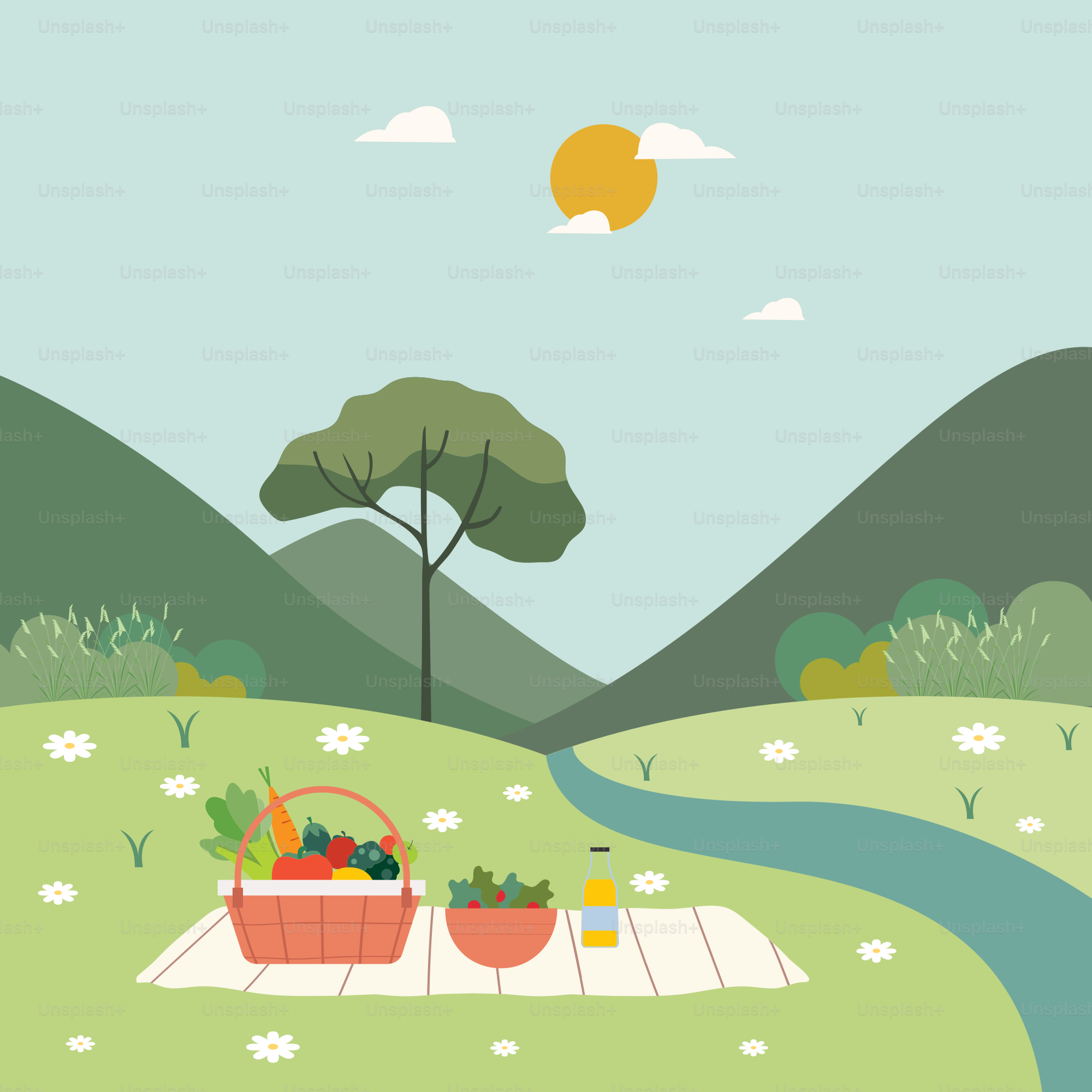 An illustration of a picnic in the countryside