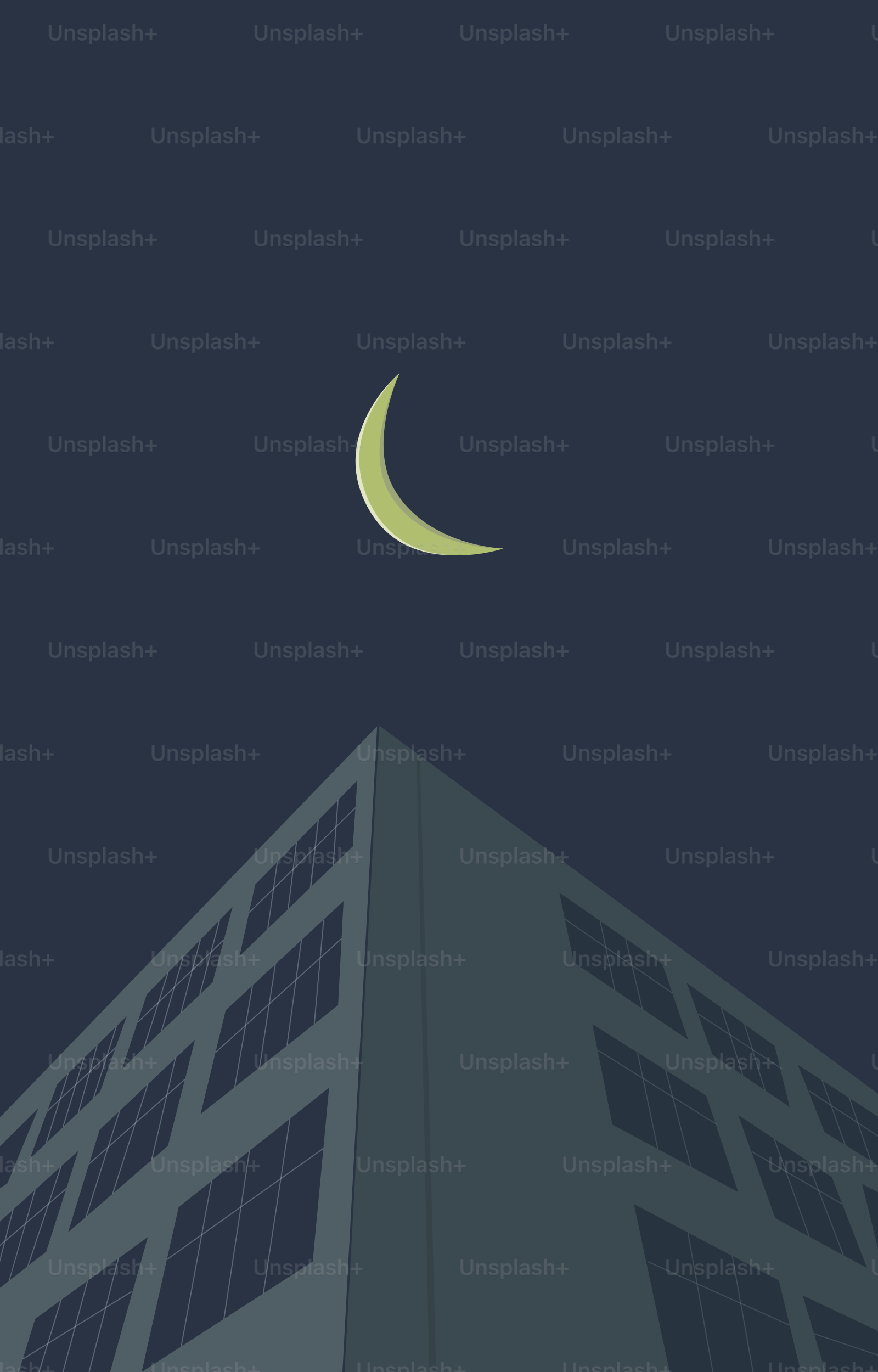 A tall building with a half moon in the sky