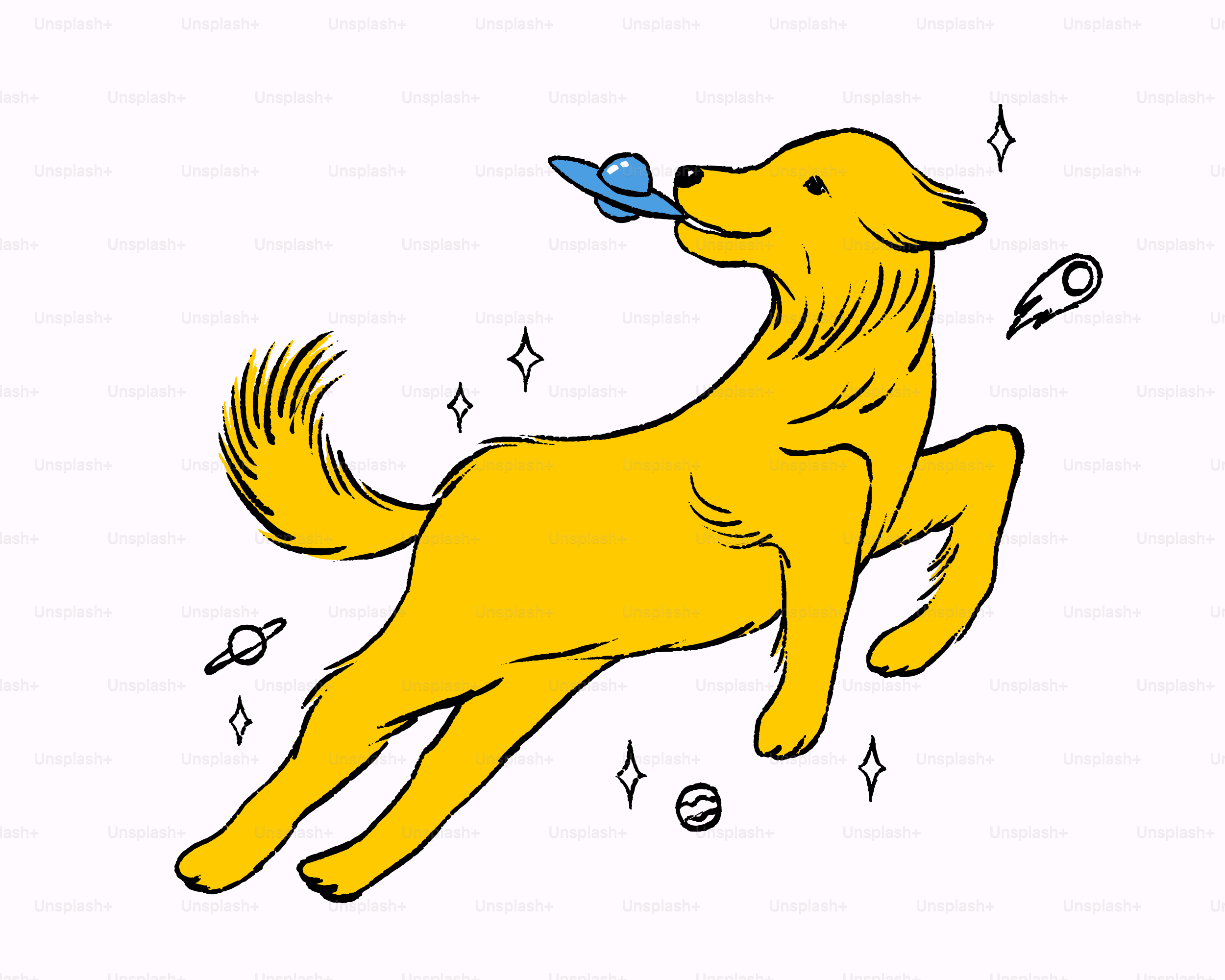 A drawing of a dog with a toy in its mouth
