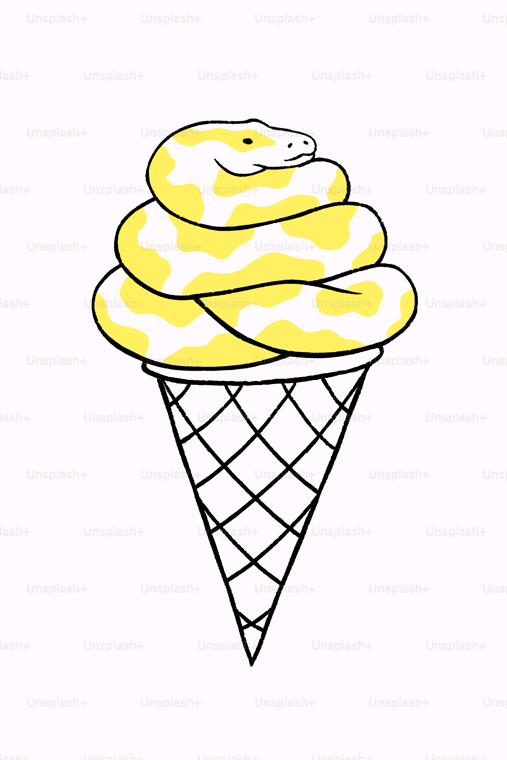A drawing of a ice cream cone with a snake on top
