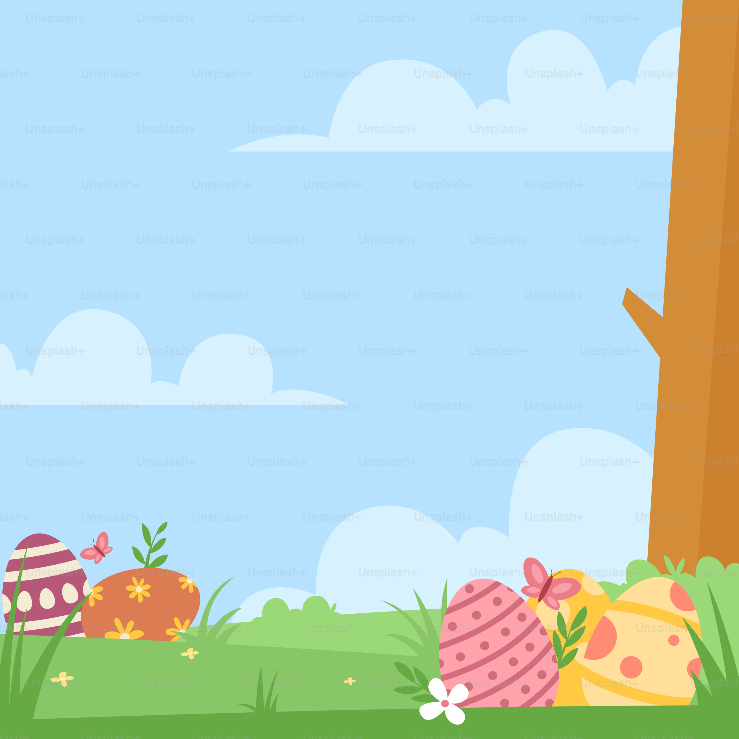 A cartoon easter scene with an egg laying on the ground