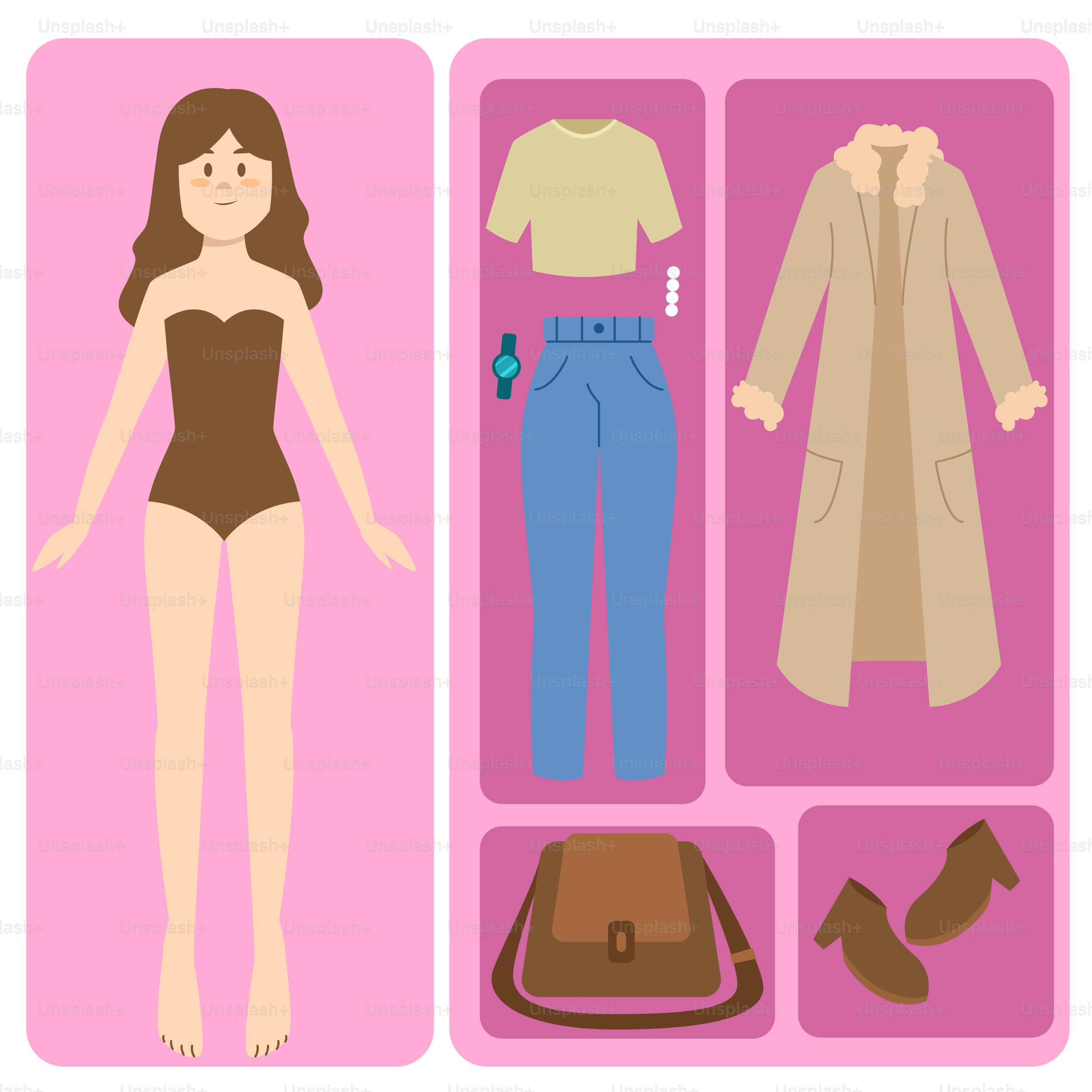 A paper doll with clothes and shoes on a pink background