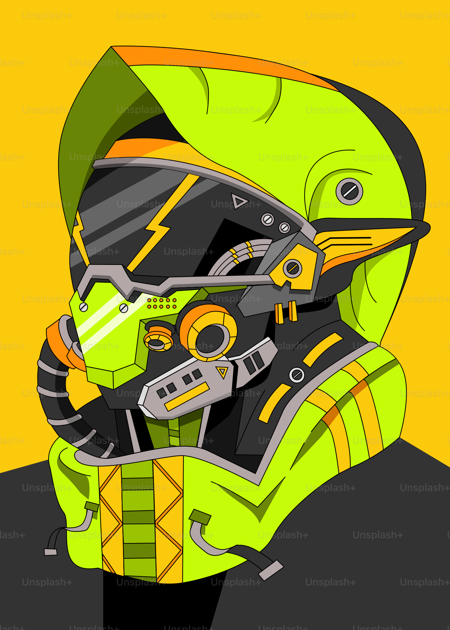 Ein Mann mit gelb-schwarzem Helm und gelbem Hintergrund
