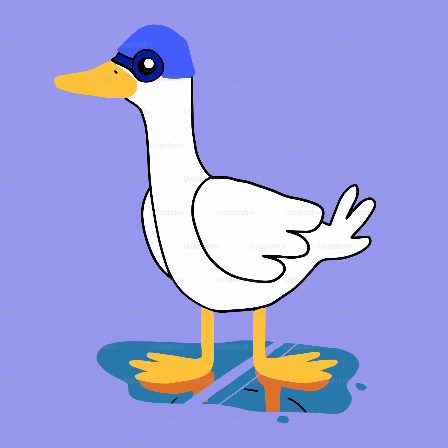 Eine weiße Ente, die auf einer Wasserpfütze steht