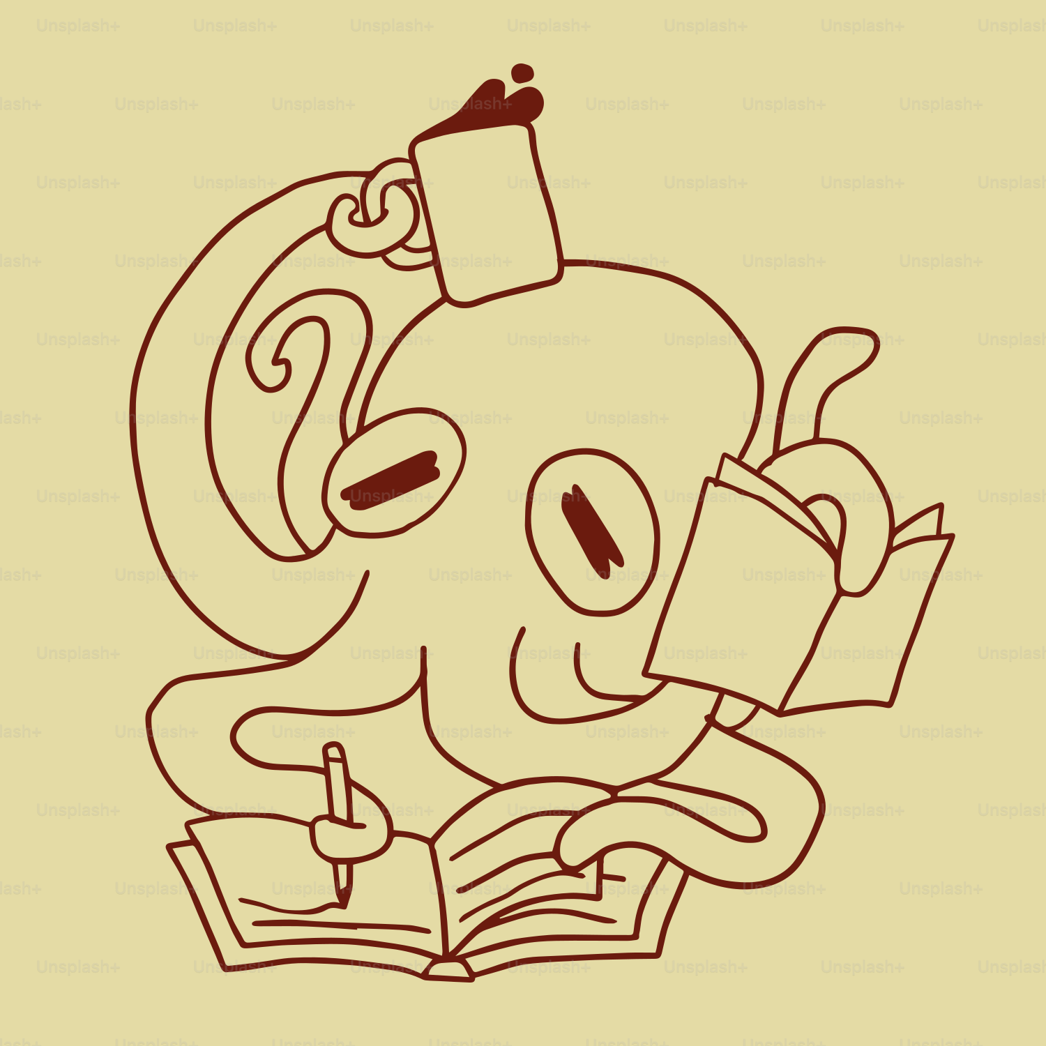 A drawing of a skull reading a book