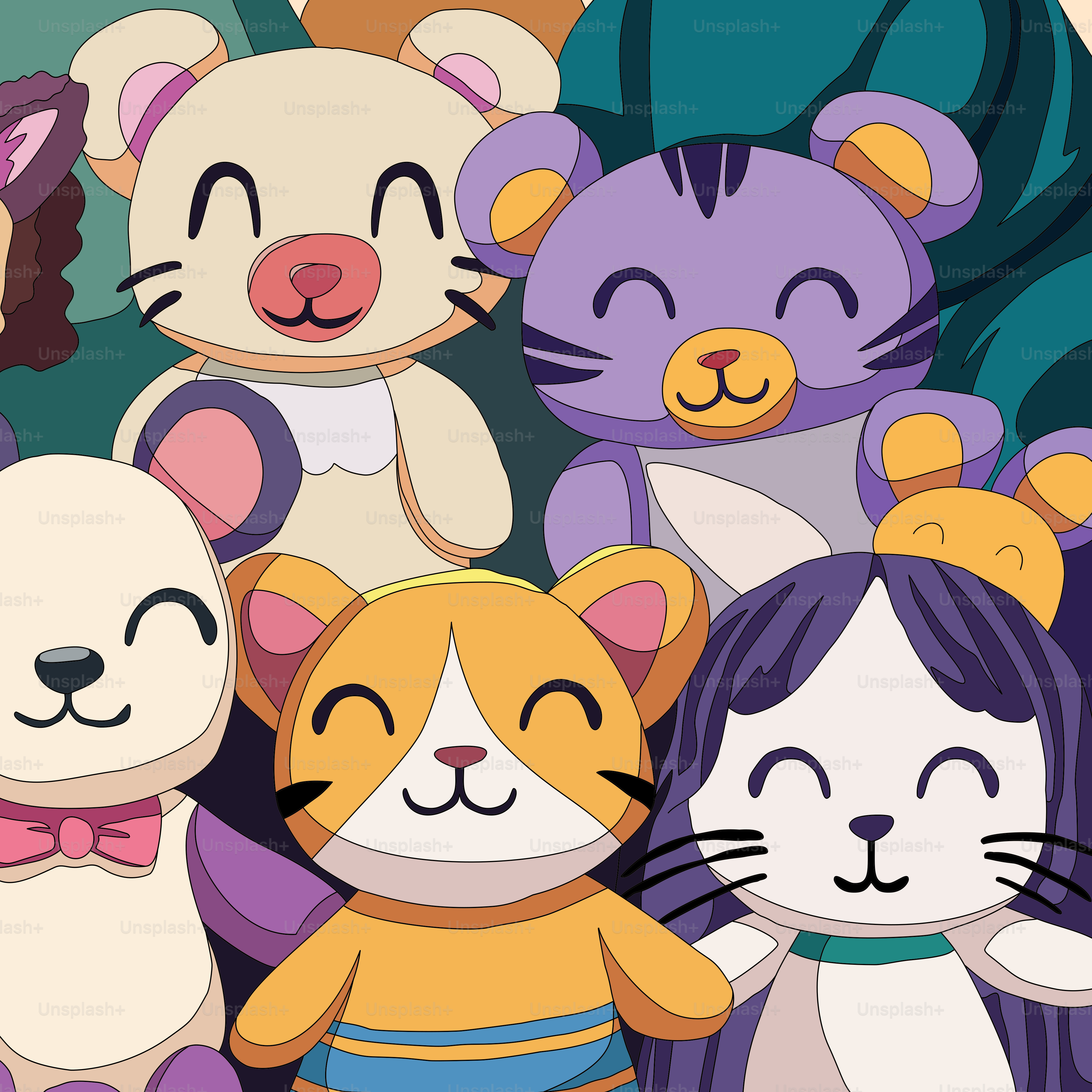 隣り合って立つ漫画の猫の群れ