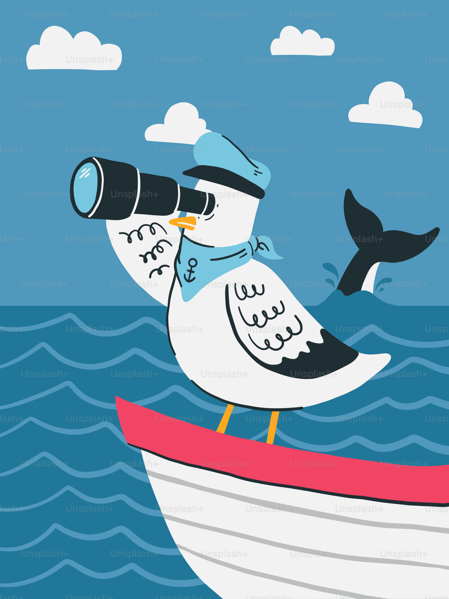 Um pássaro em um barco olhando através de um telescópio