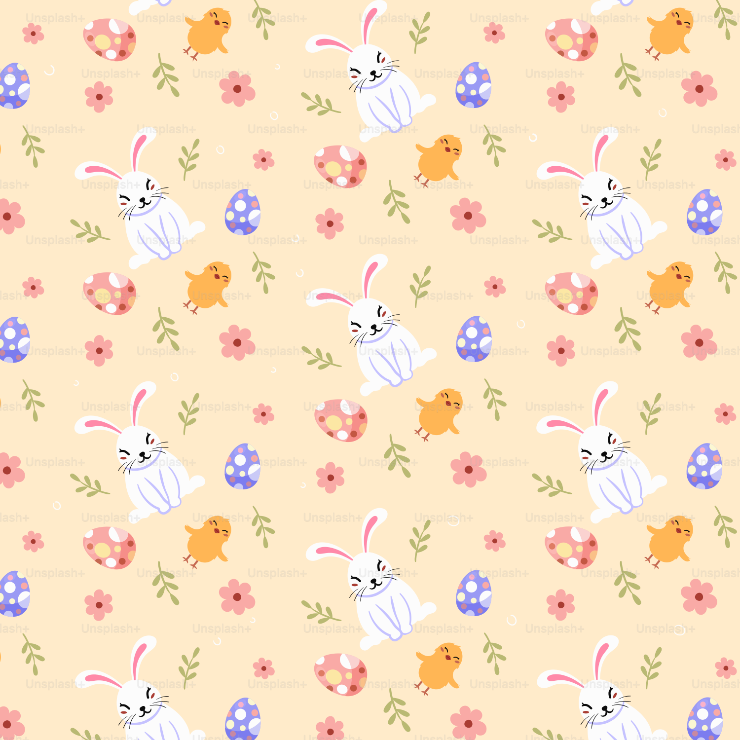 Un motif de lapins et de fleurs sur fond jaune