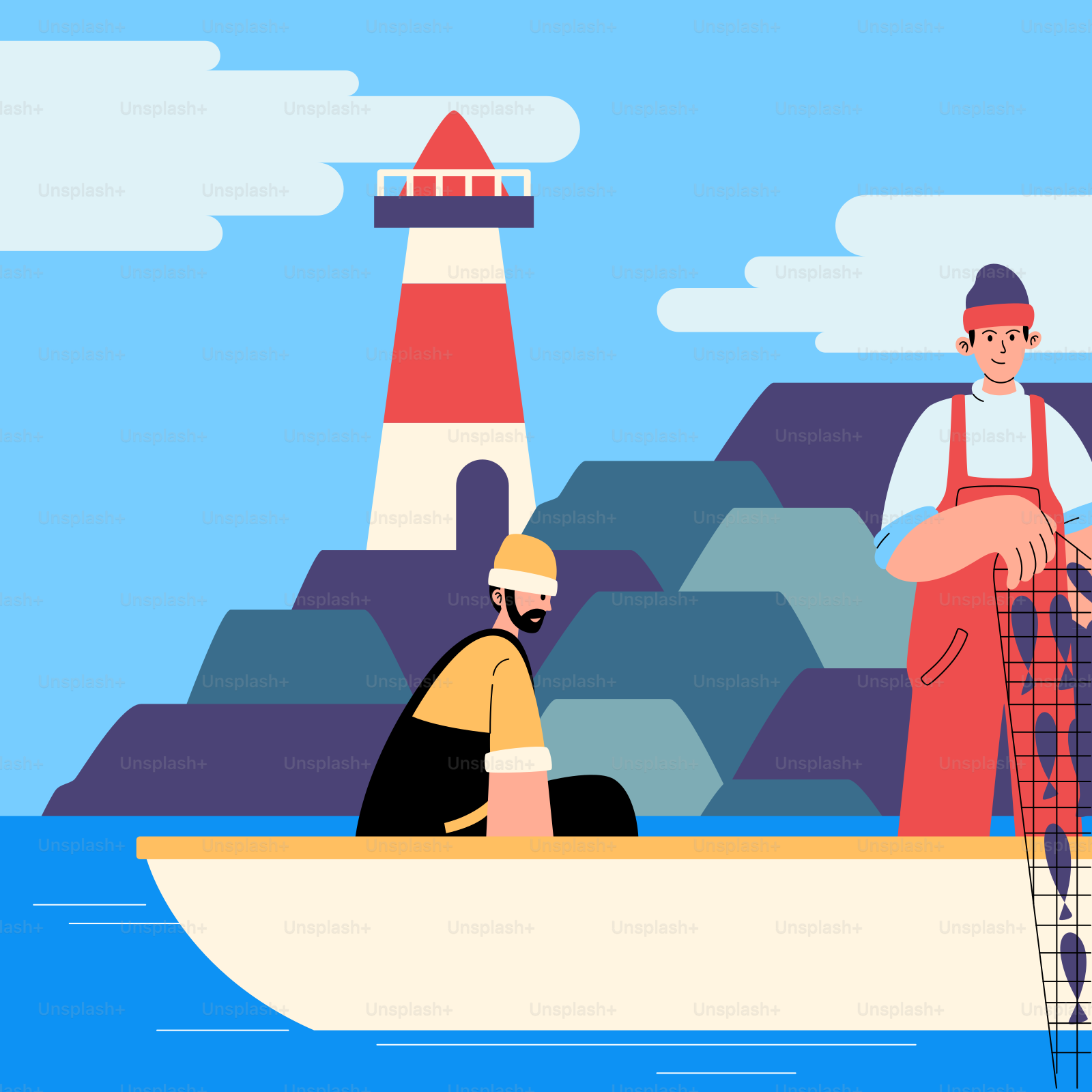 Ein Mann und eine Frau in einem Boot mit einem Leuchtturm im Hintergrund