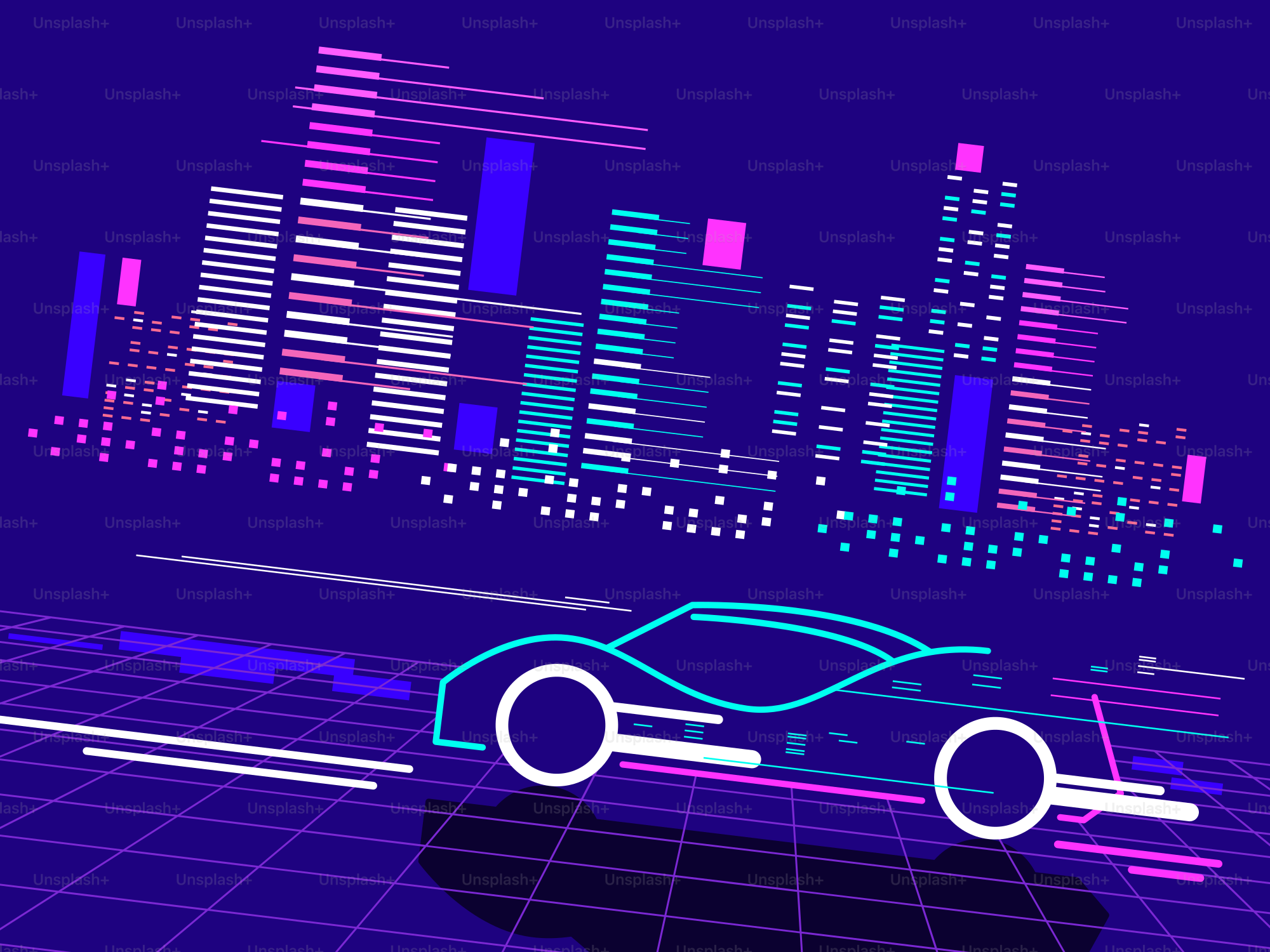 A car driving through a city at night