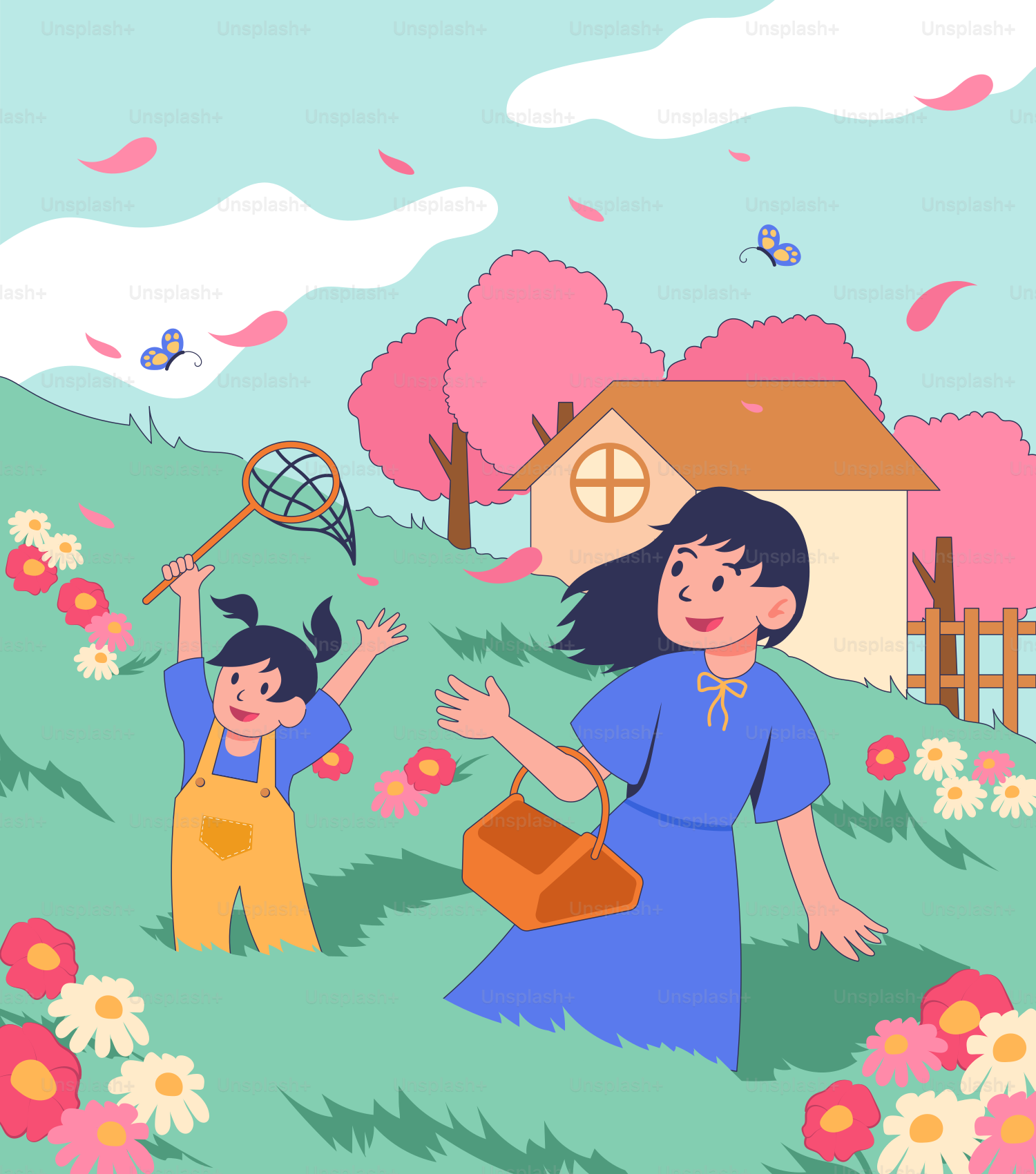 Eine Frau und ein Kind spielen im Gras