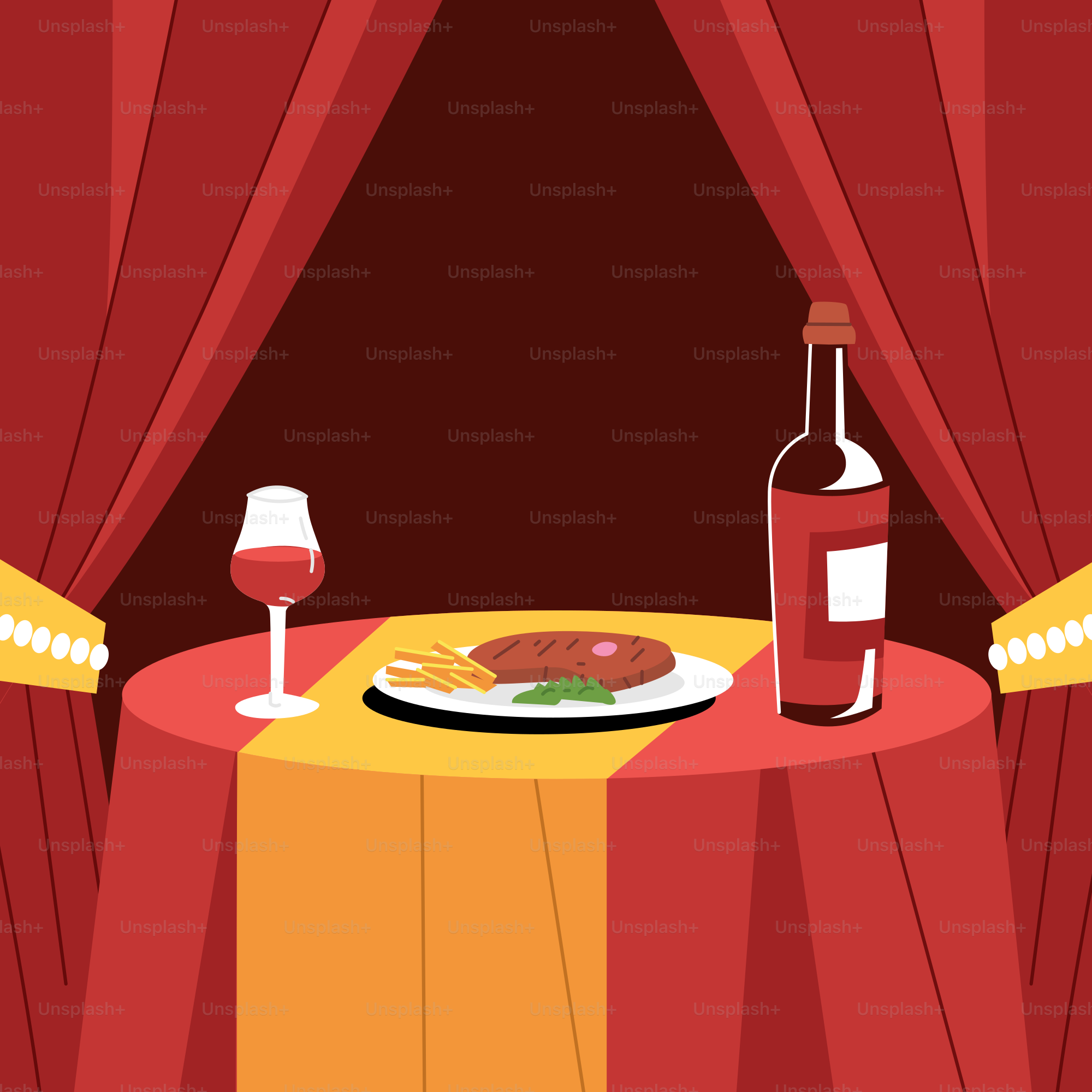 A table with a plate of food and a bottle of wine