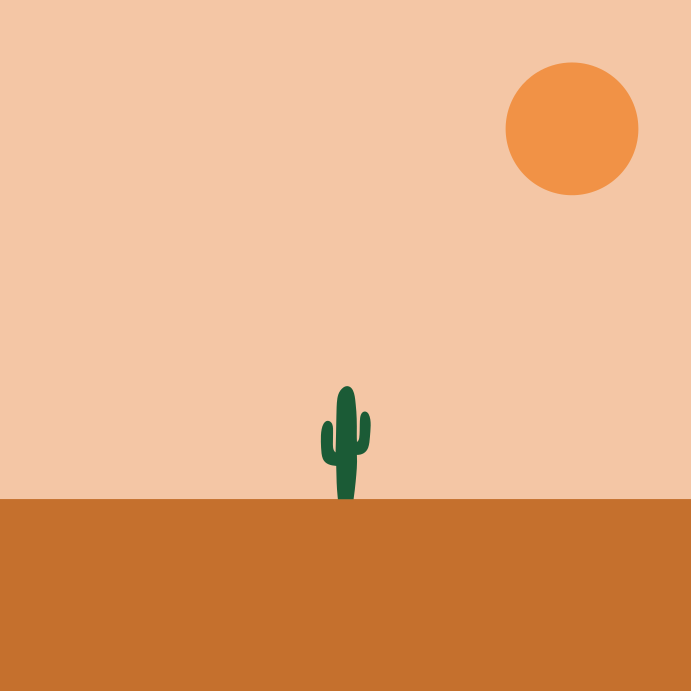A desert scene with a cactus in the foreground