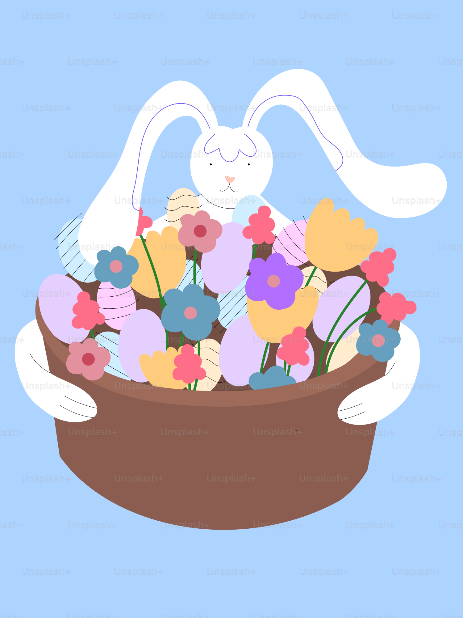 Un coniglietto dei cartoni animati che tiene un cesto di fiori