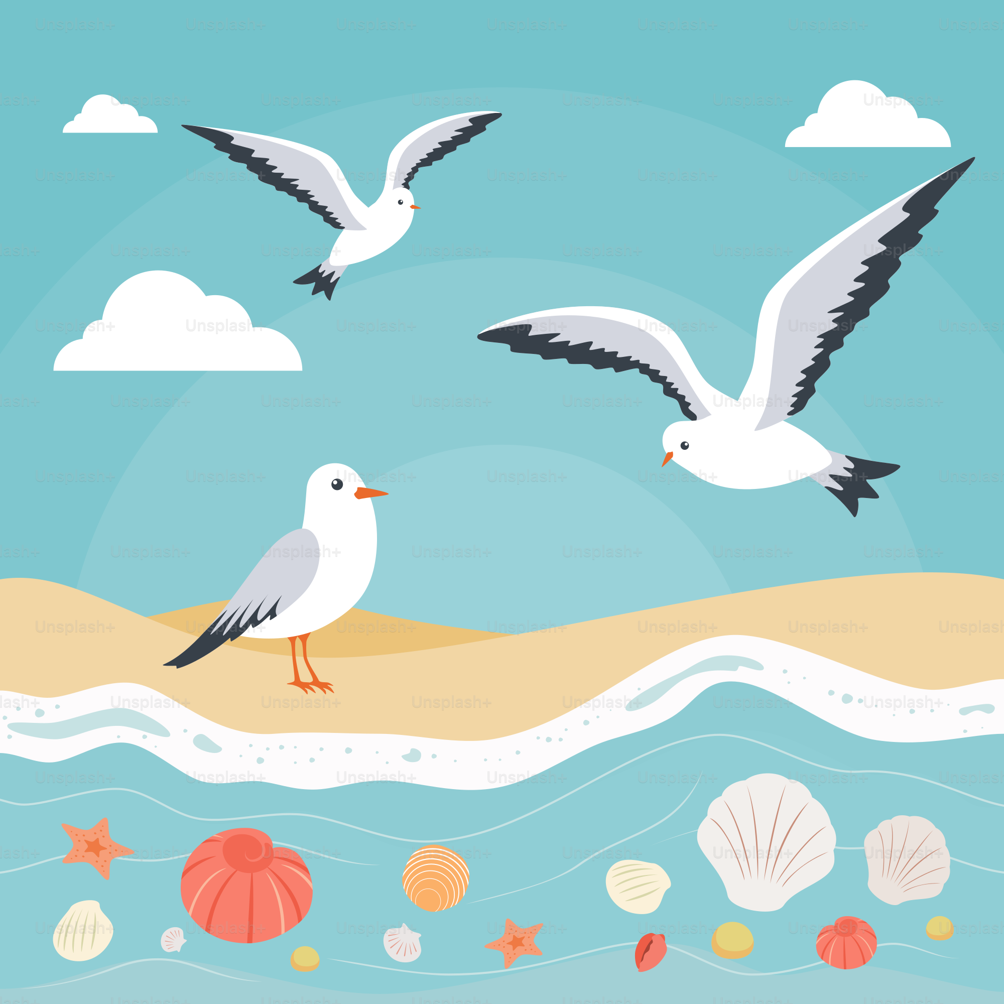 A couple of birds flying over a sandy beach