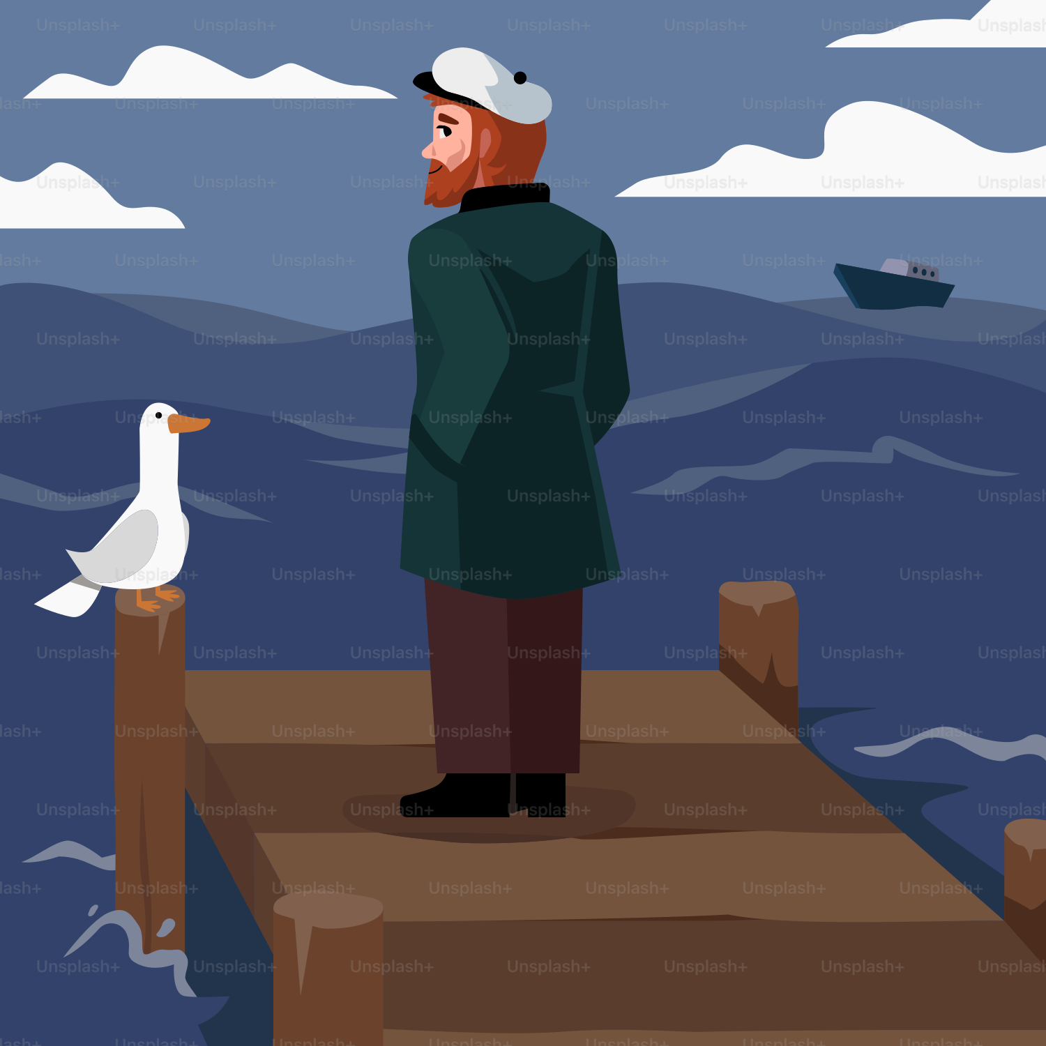 A man standing on a pier with a seagull looking at him