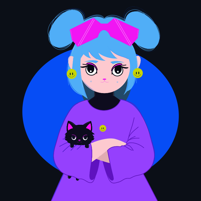 Seorang wanita dengan gaun ungu menggendong kucing hitam