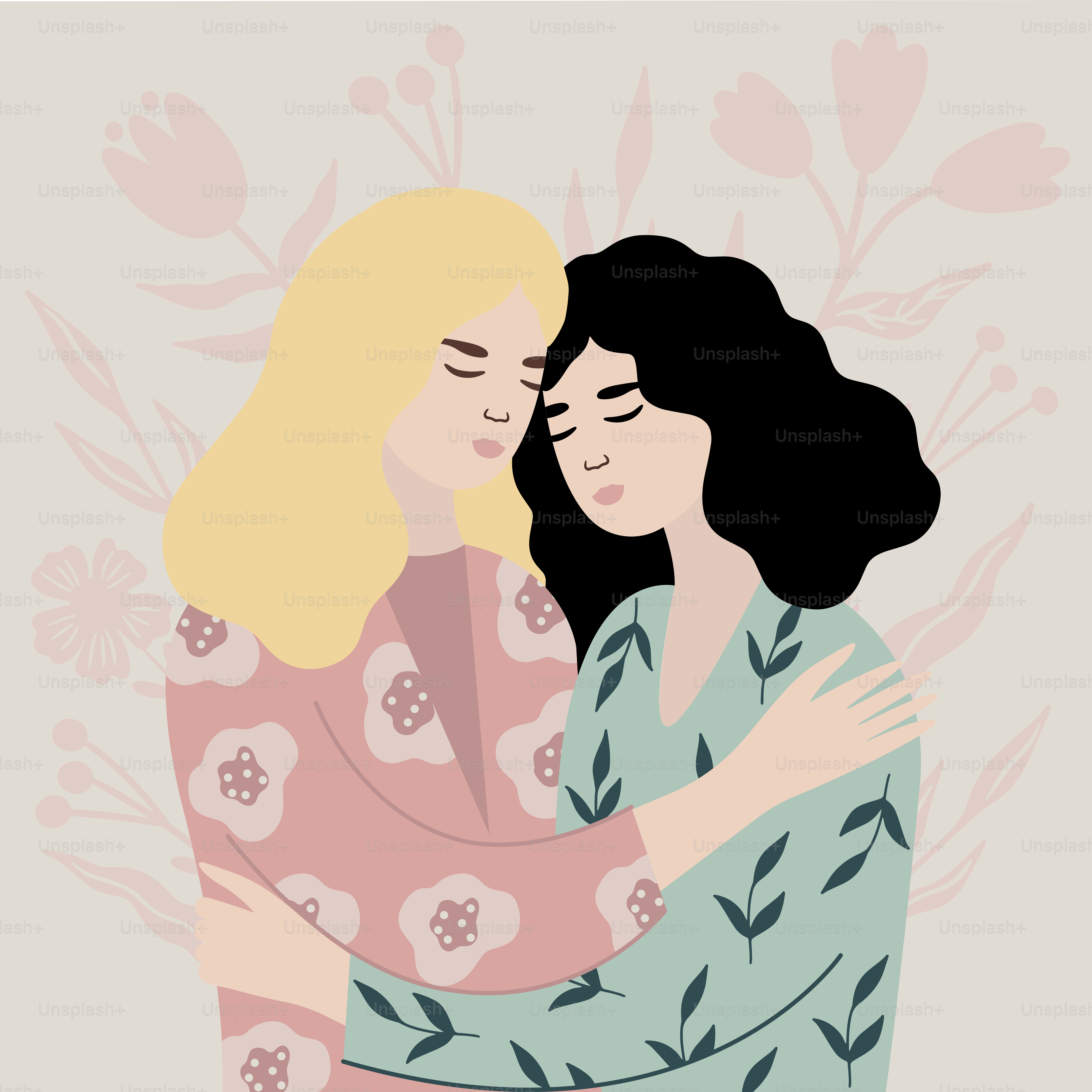 Due donne che si abbracciano con fiori sullo sfondo