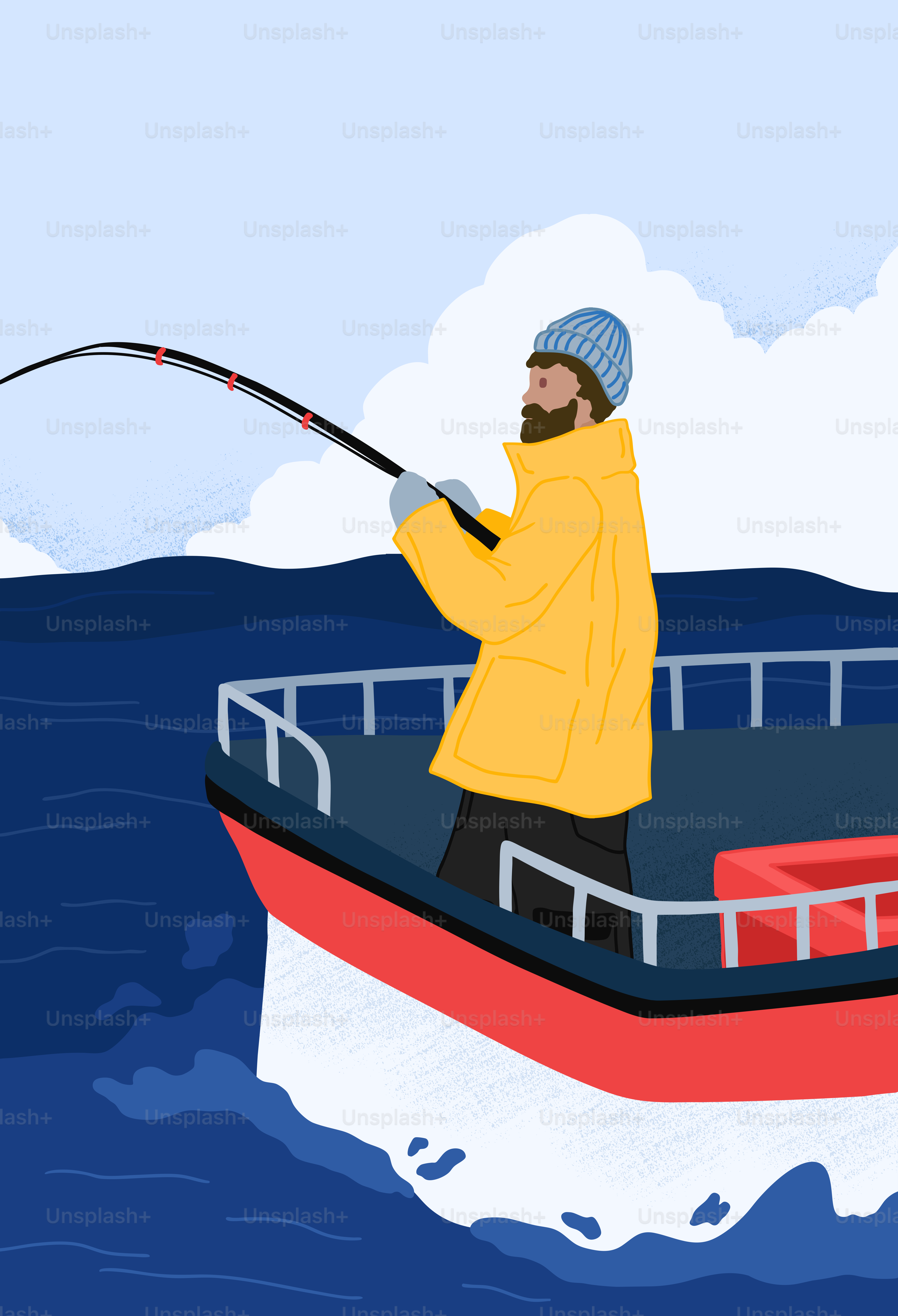 Ein Mann fischt auf einem Boot im Ozean