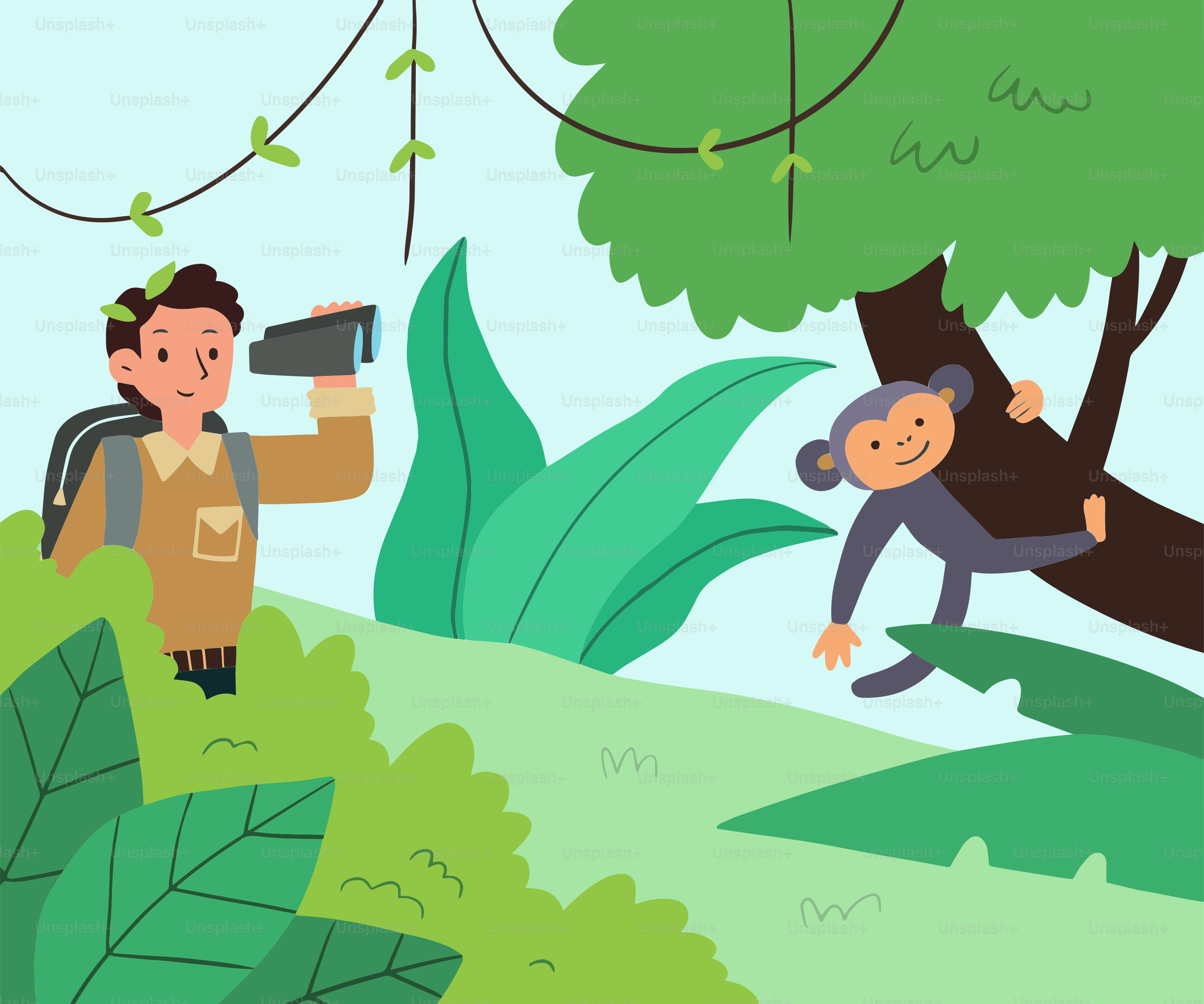 Um macaco pendurado em uma árvore ao lado de um homem