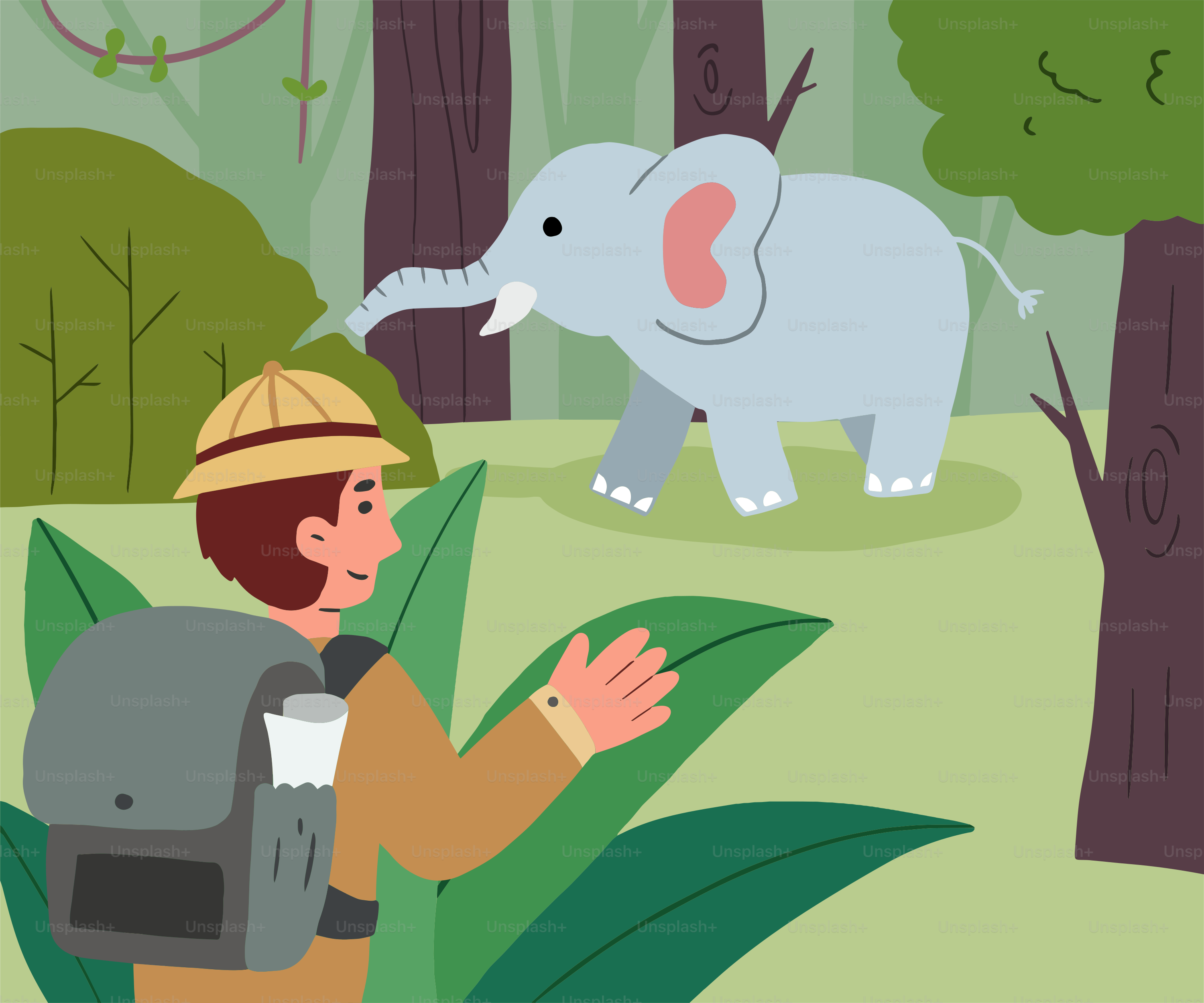 A man standing next to an elephant in a forest