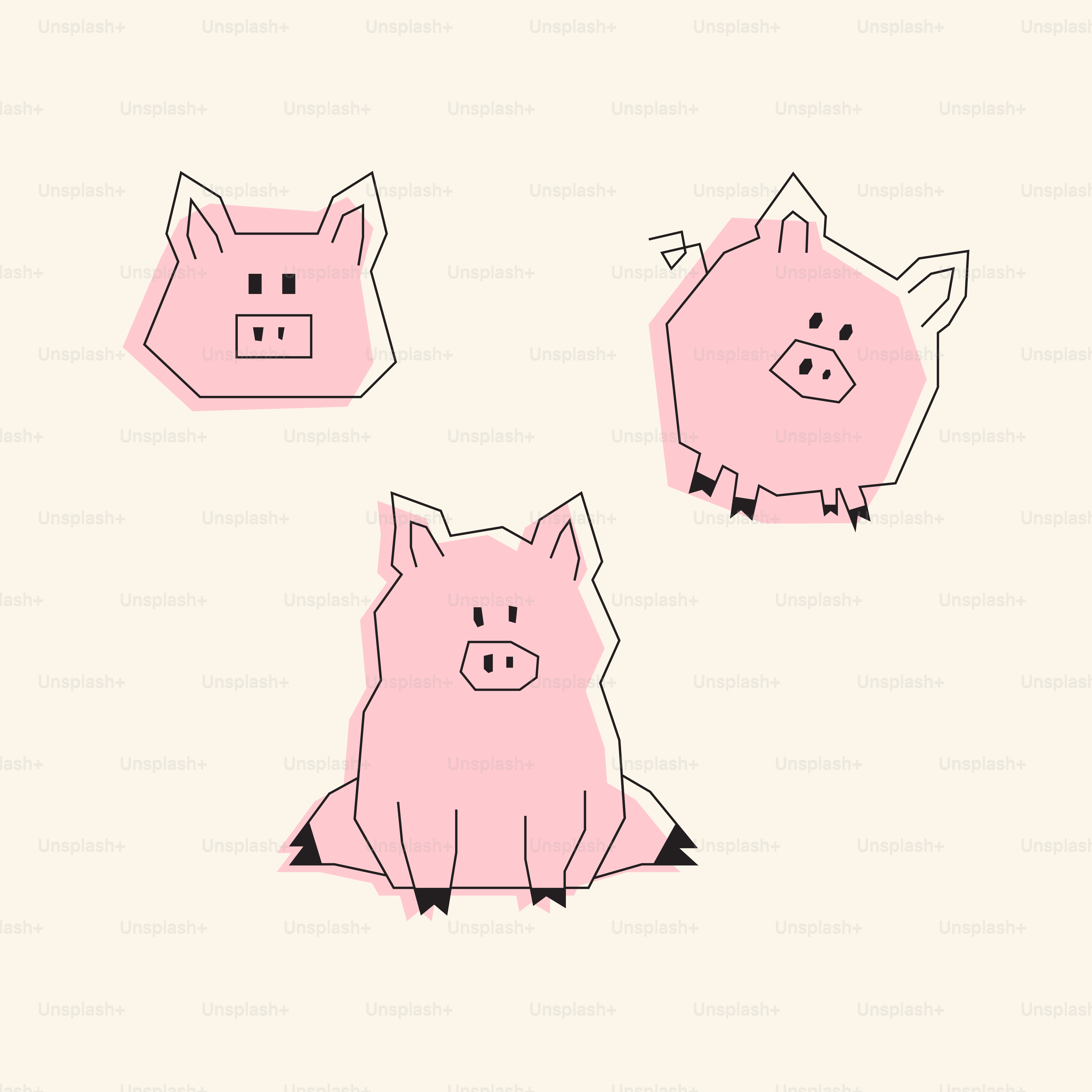 Três porcos cor-de-rosa sentados lado a lado