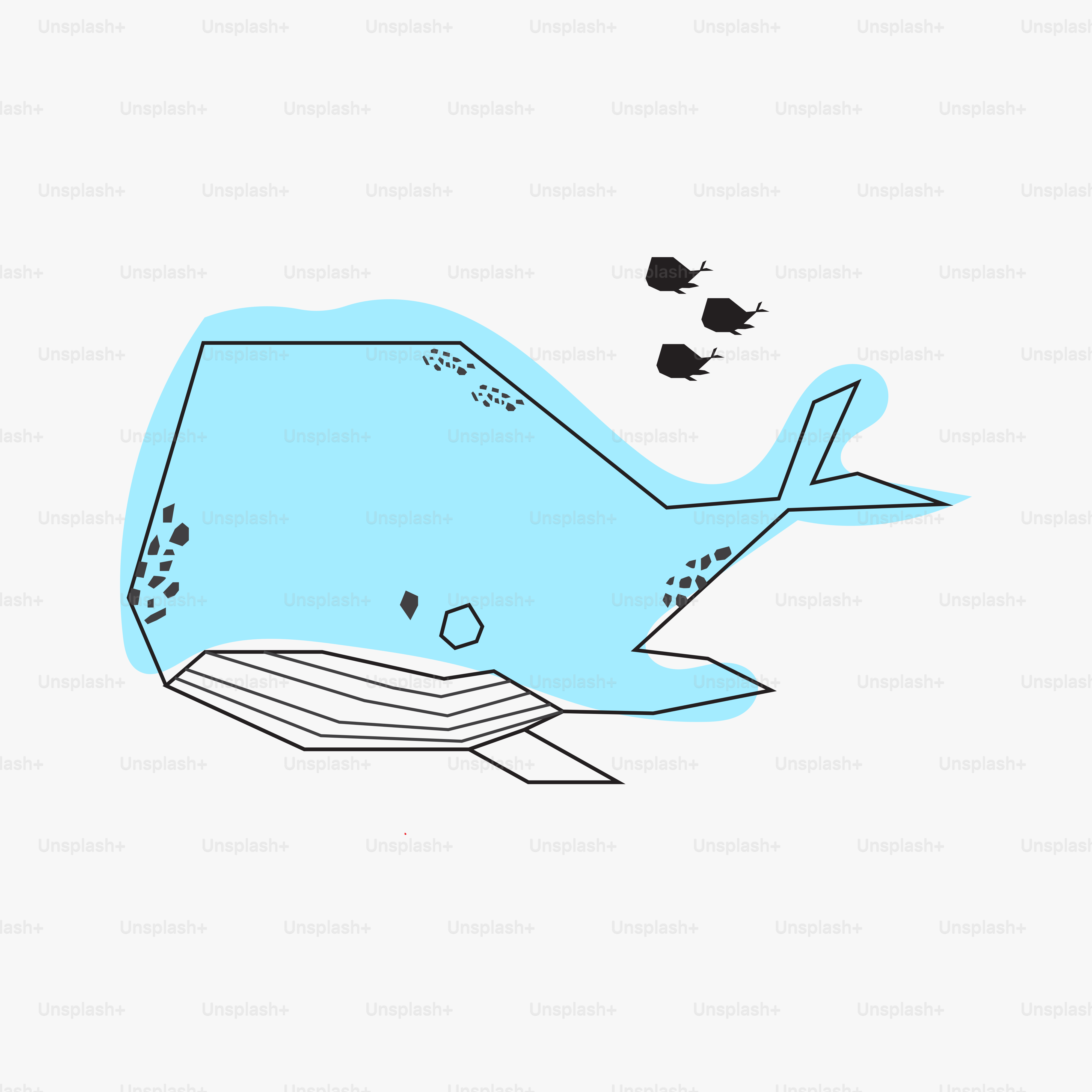 Un dibujo de una ballena con dos pájaros volando sobre ella
