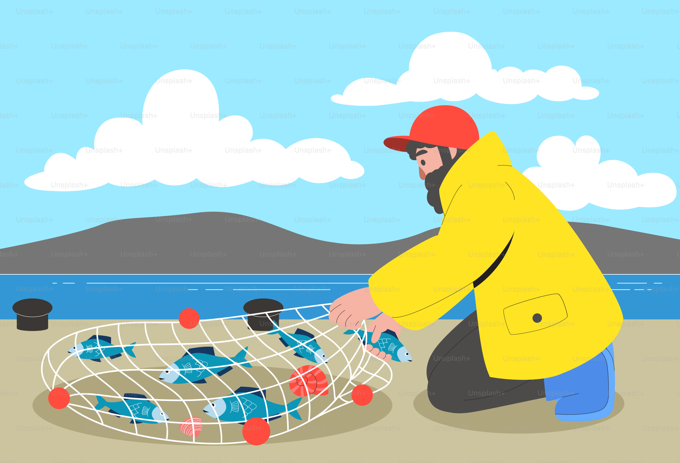 A man kneeling down next to a net filled with balls