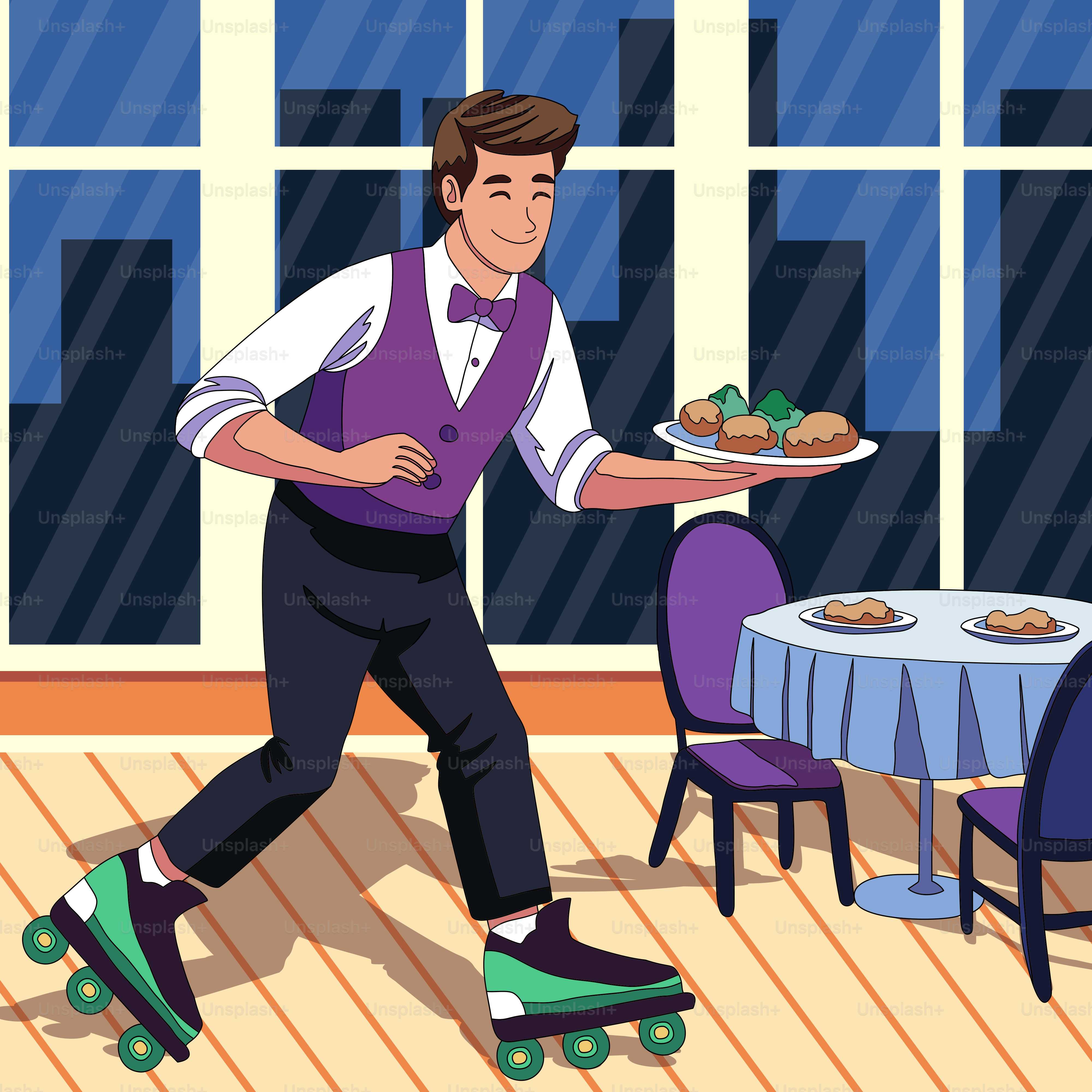 Ein Mann, der einen Teller mit Essen auf einem Skateboard trägt