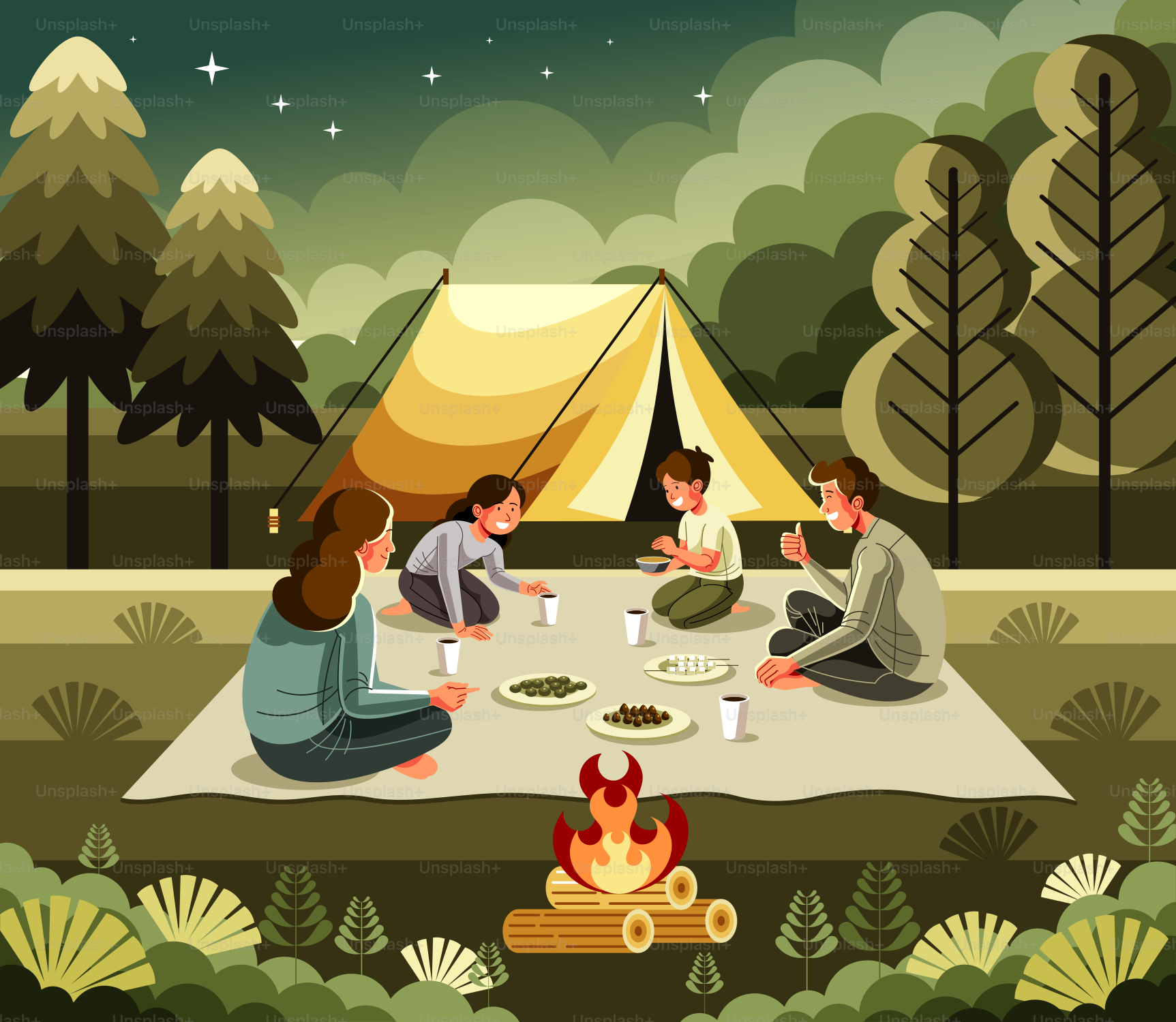 Eine Gruppe von Menschen, die um ein Lagerfeuer saß