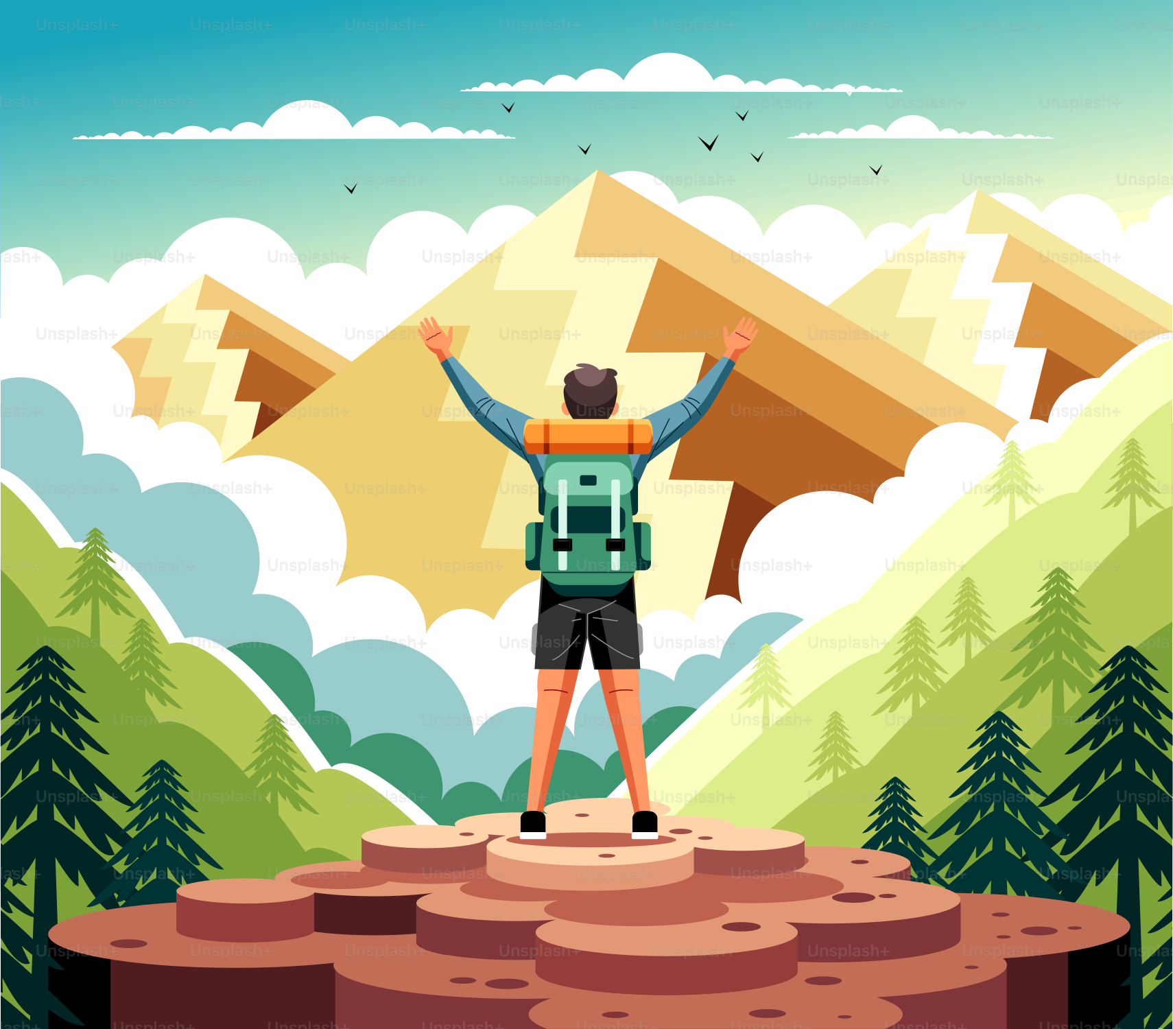 Un uomo in piedi in cima a una scogliera con le braccia alzate