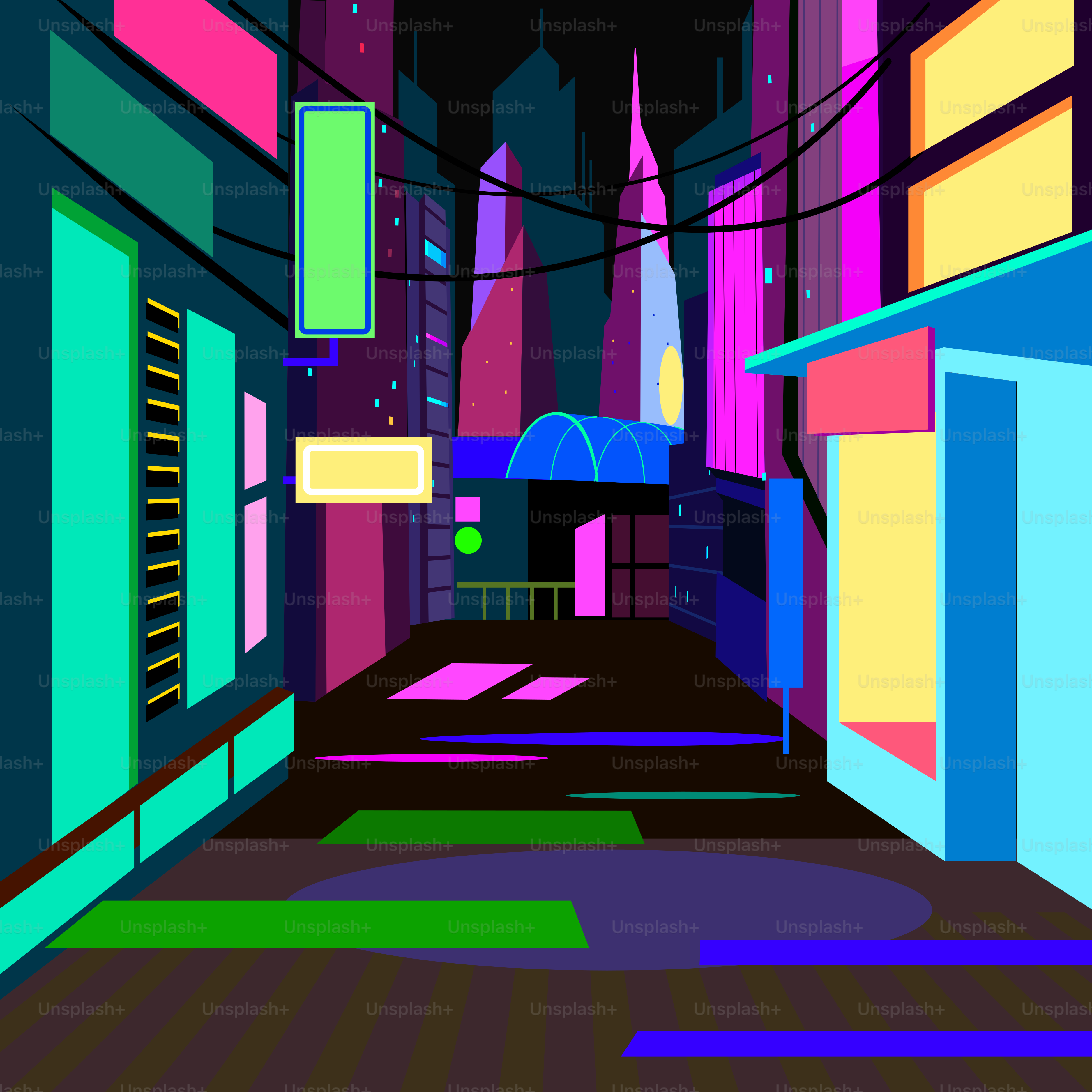 A very colorful city street with a lot of tall buildings